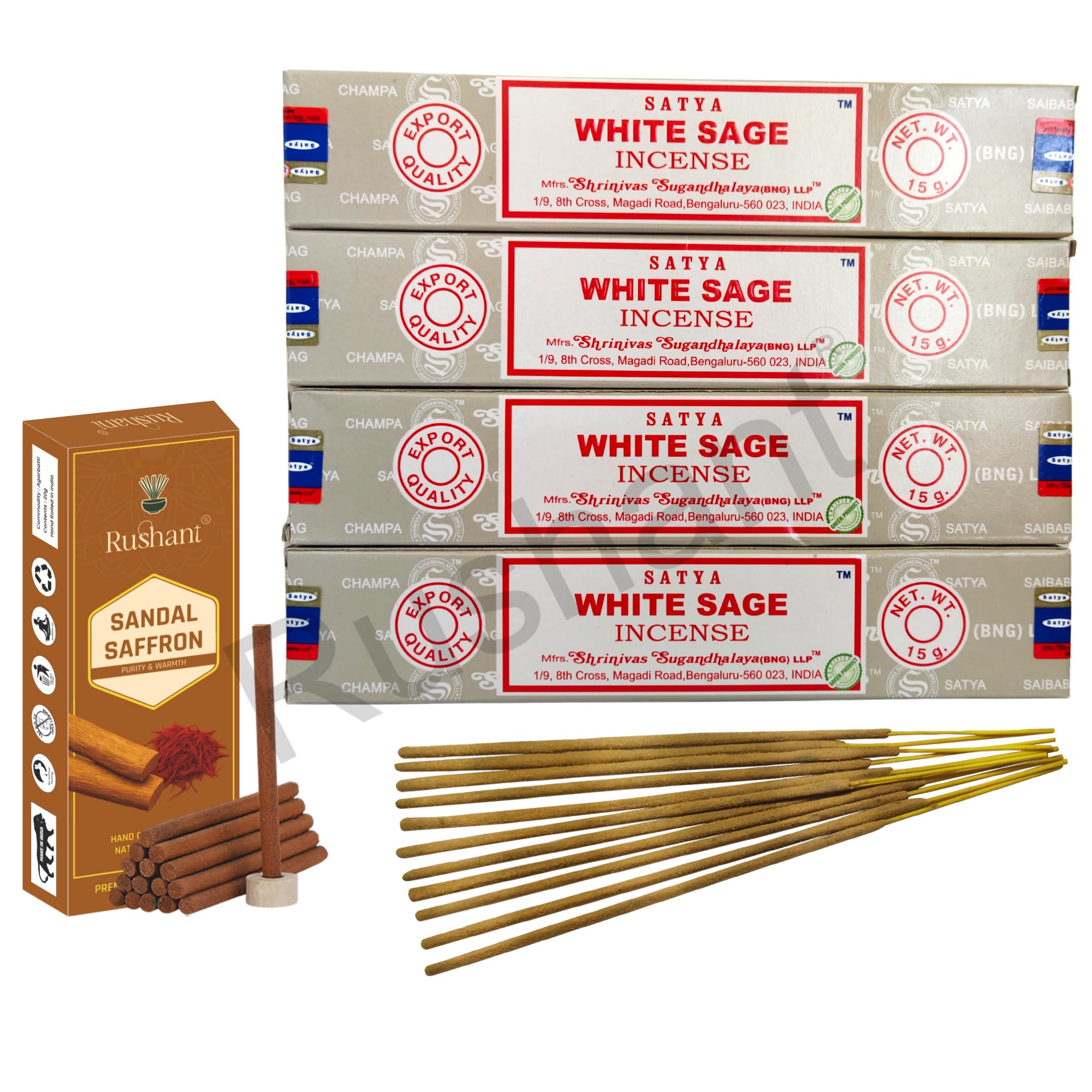 Rushant Sandal Saffron Dhoop Sticks with Satya White Sage Incense Sticks – 15g x 4 Packs | Original Satya Agarbatti Combo for Meditation, Yoga, Relaxation, Pooja & Aromatherapy