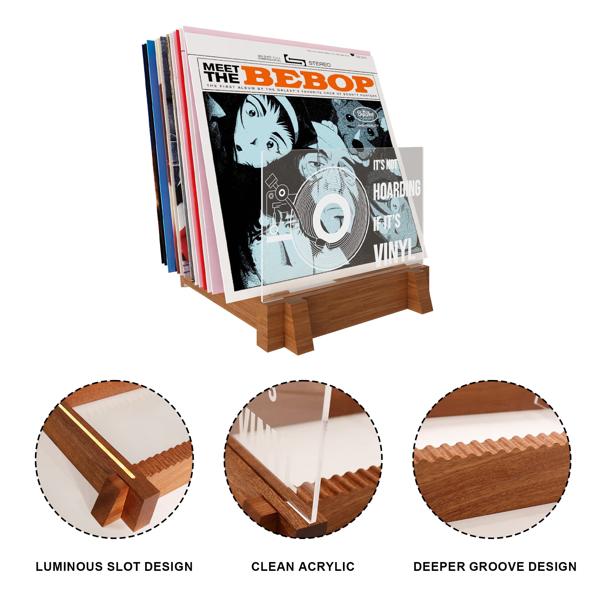 YuanDian Beleuchtete Vinyl-Schallplatten-Aufbewahrung, Schallplattenständer, hölzerne Acryl-Halter für Vinyl-Album-Display und Lagerung mit Warmweiße Farbe Lichter Schallplatte