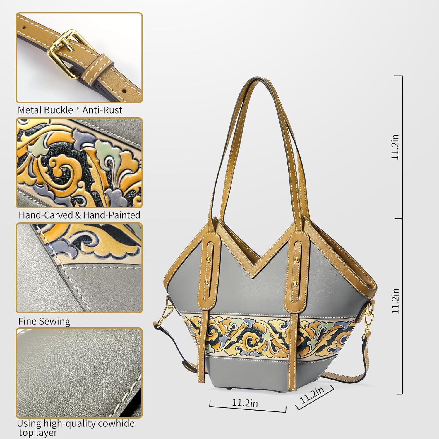 Kadın Deri El Çantası ve Büyük Kapasiteli, El Oyması Bulut Desenli, Tam Tahıl Dana Derisi