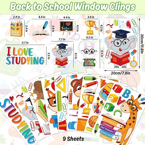 Miniatura 5 de Whaline 9 hojas de calcomanías para ventana de regreso a clases, lindos animales, elefante, búho, conejo, I Love Studying, calcomanías para ventana