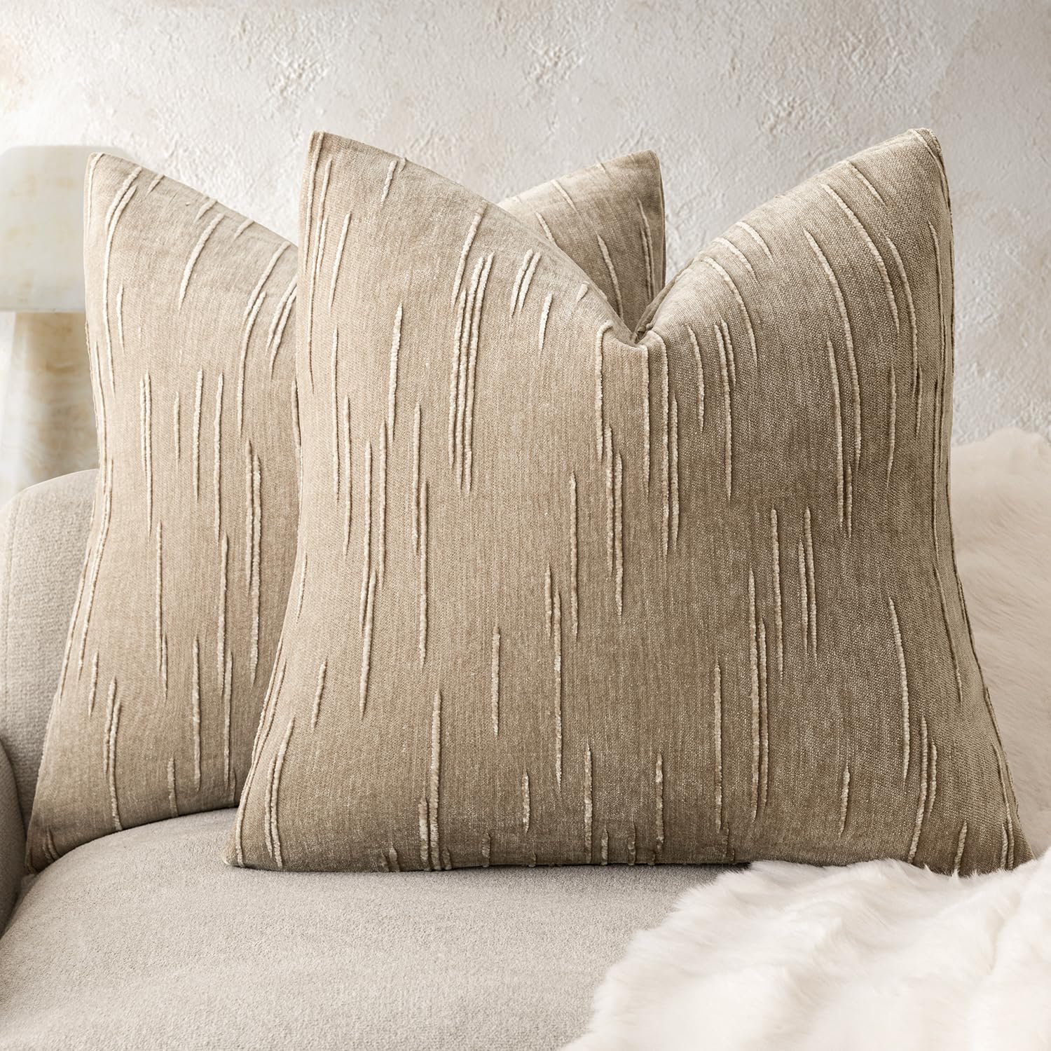 Foindtower Slubby Textured Chenille Throw Pillow Covers 24x24 Khaki Camel