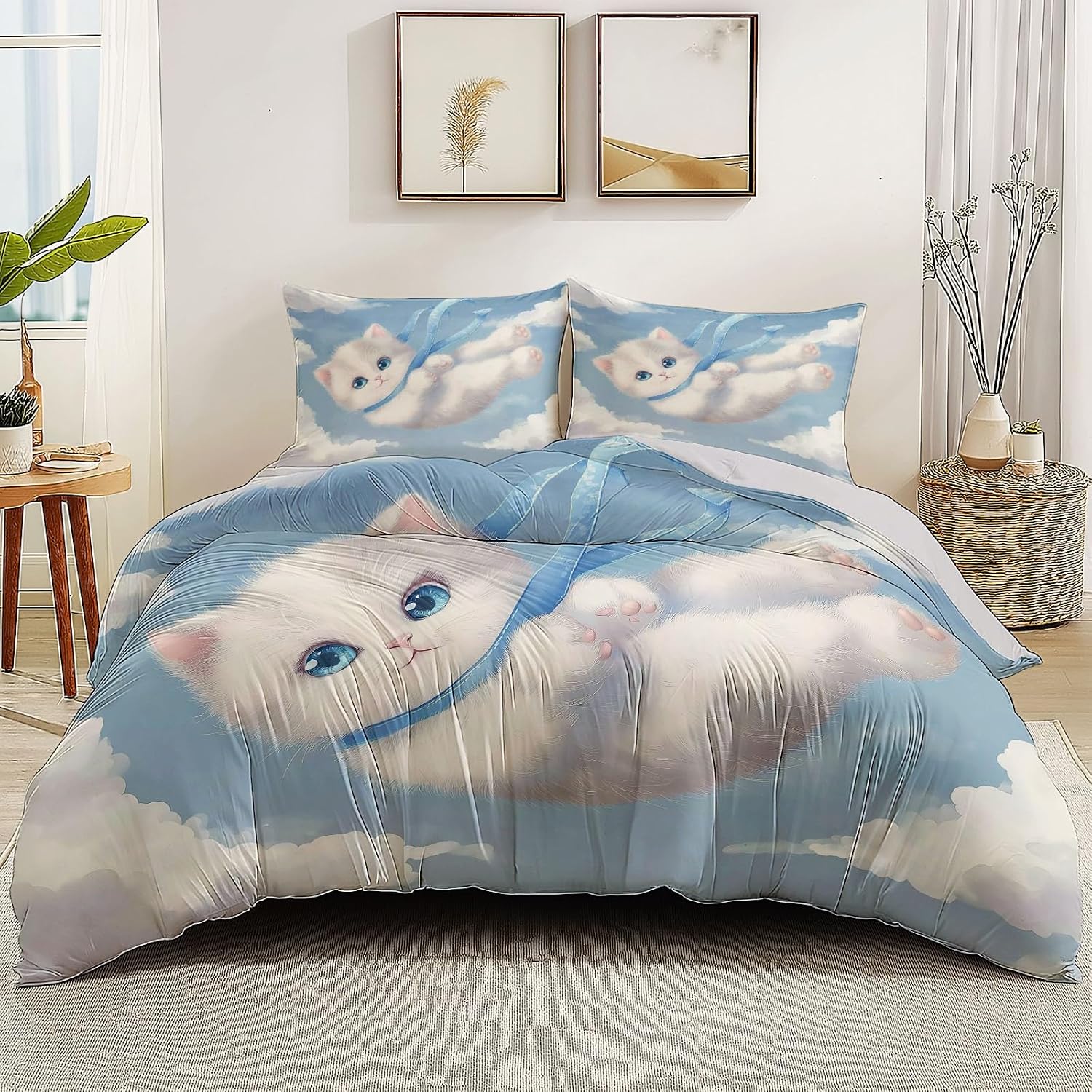 Duvet Cover Full Size, Boys and Girls Cute White Kitten Microfiber Print Bedding Set with 4 Corner Ties and Concealed Zip Light Gray Reversible Duvet Covers