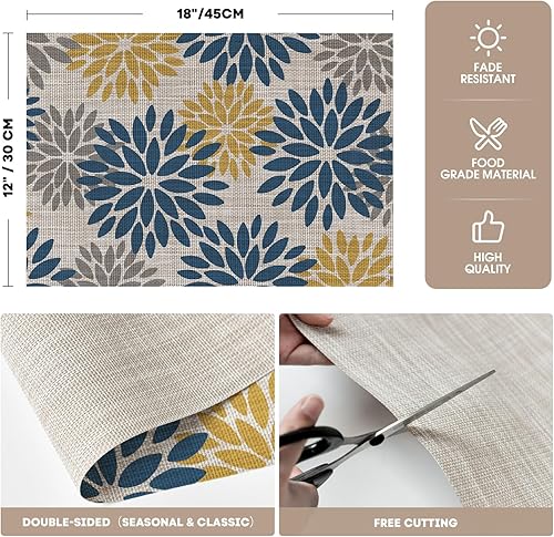 Miniatura 6 de Artoid Mode Floral Vinyl Placemats Set of 4, Heat Resistant Washable Non-Slip Plistic PVC Place Mats for Party Kitchen Dining Decor, Blue Yellow