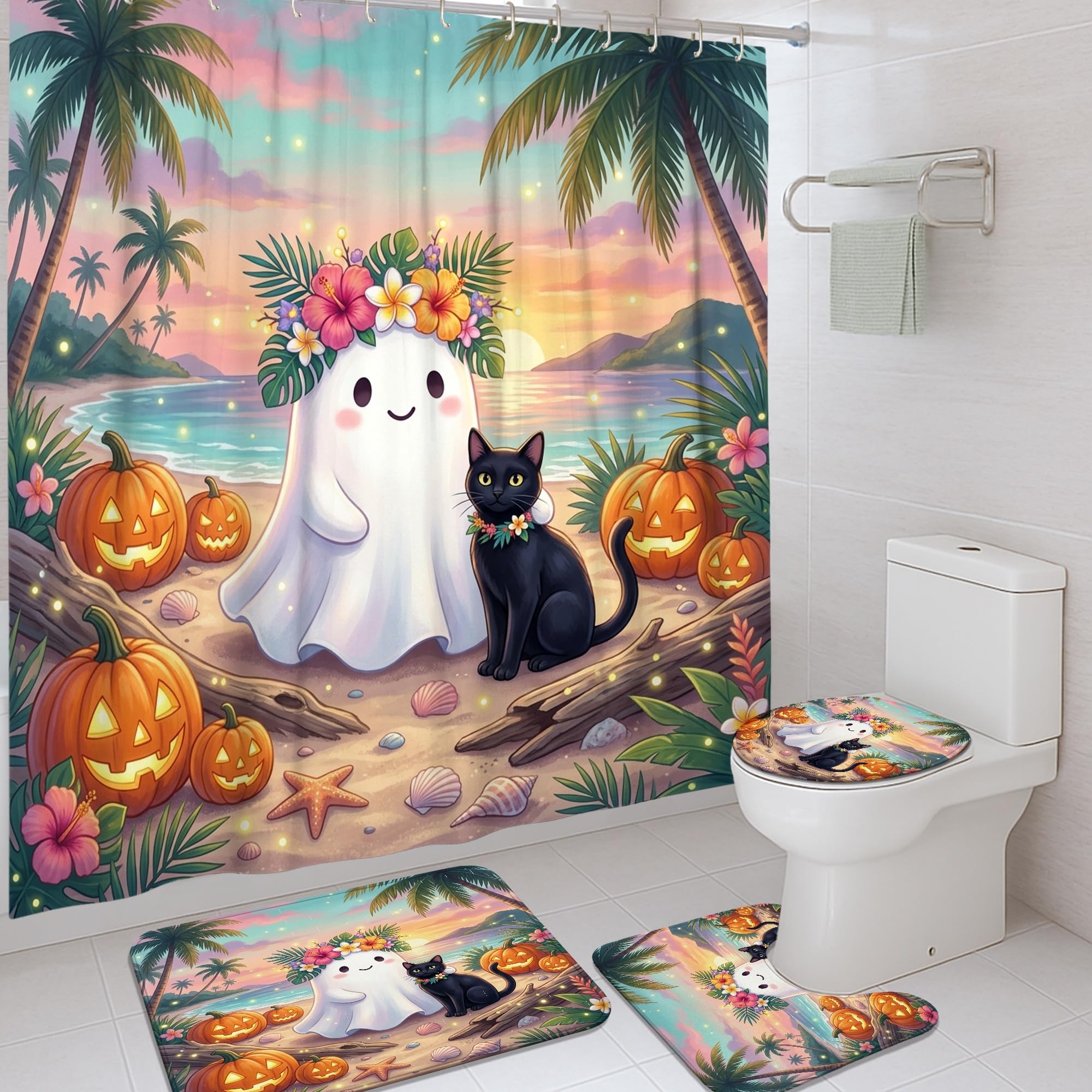 Rideau de douche Halloween chat et citrouilles pour créer une ambiance automnale en appartement