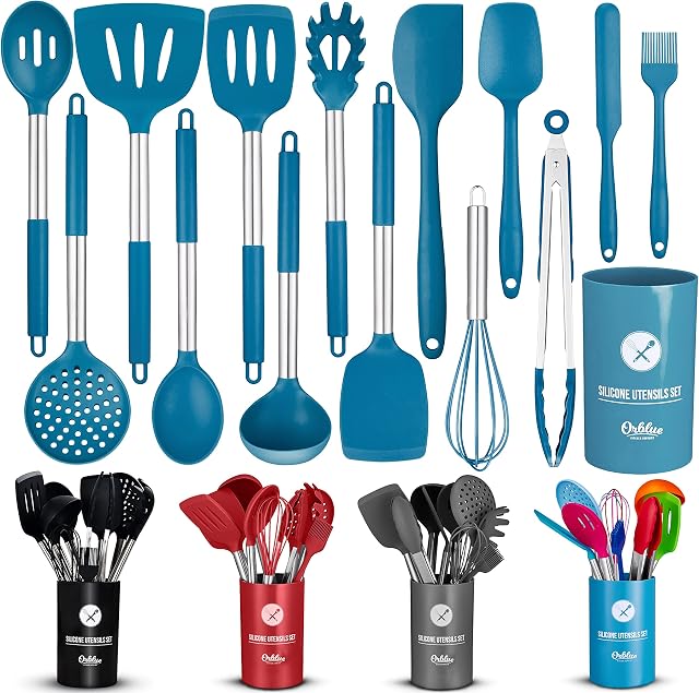 ORBLUE Silicone Kitchen Utensils, 14-Piece Kitchen Utensil Set with Holder, Cooking Utensils Set Safe Food-Grade Silicone Heads and Stainless Steel Handles with Heat-Proof Silicone Handle Covers, Blue