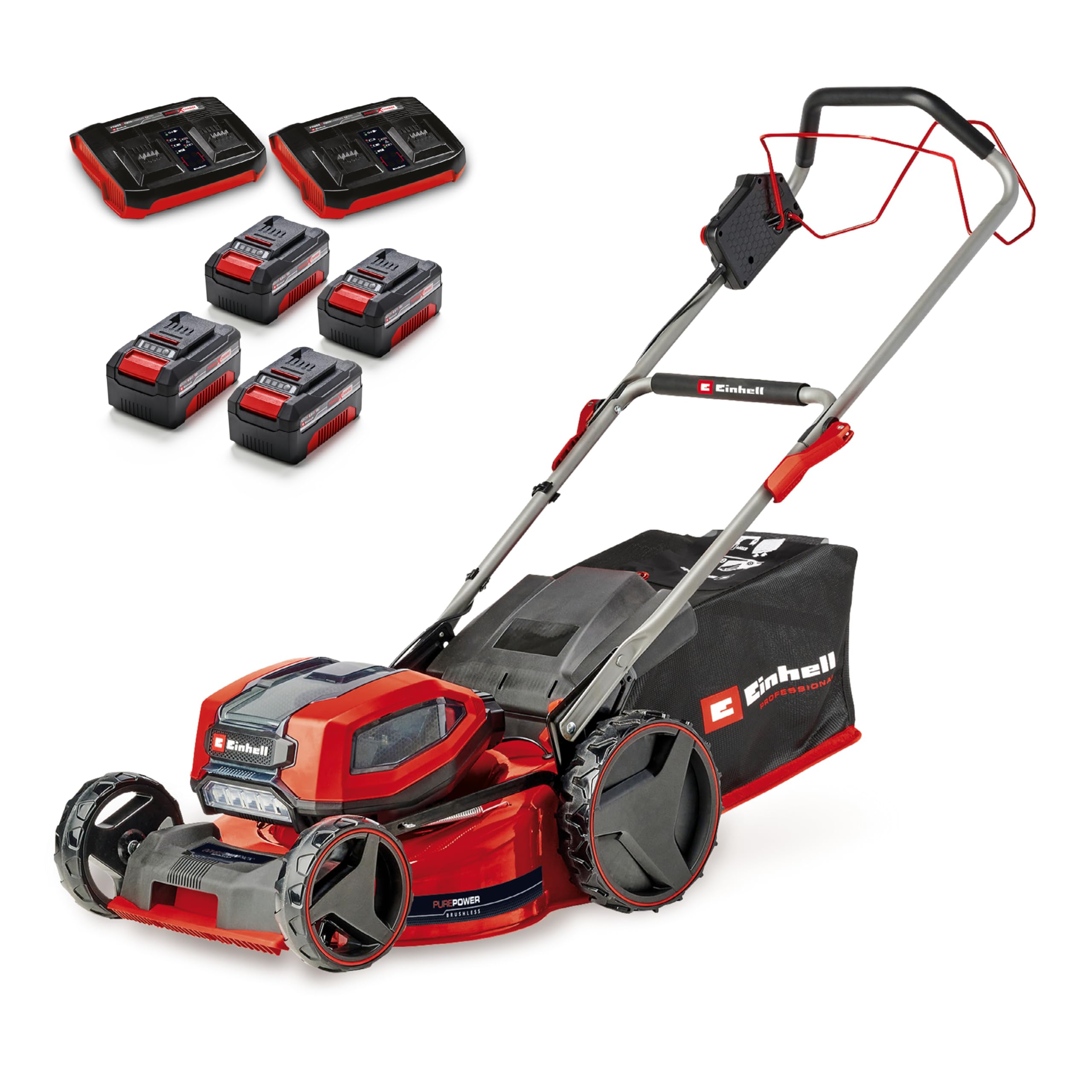 Einhell tosaerba GP-CM 36/47 S Li BL Kit Power X-Change (36 V, larghezza di taglio 47 cm, fino a 700 m², Brushless, cesto da 65 litri, ruota motrice, incl. 4 batt. da 4,0 Ah + 2 Twincharger)