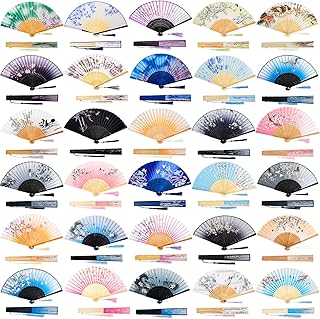30 Pcs Floral Hand Fan Chinese Vintage Style Folding Fan Silk Handheld Fan Foldable Bamboo Framed Foldable Fan Fabric Silk Fans with Elegant Tassel Decorative Folding Fans for Women Wedding Party
