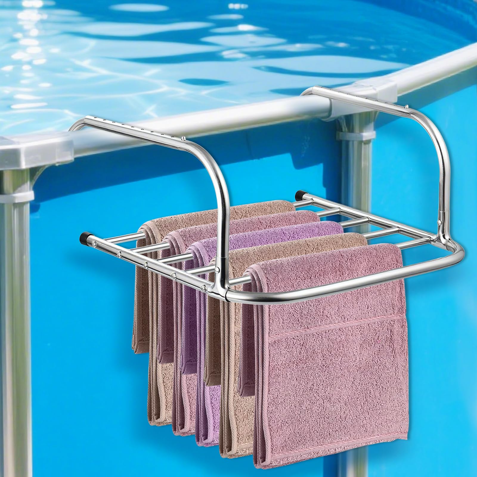 Pool-Handtuchhalter für den Außenbereich, 6 Stangen aus Edelstahl, zusammenklappbar, mit ausziehbaren Haken, strapazierfähig, oberirdischer Schwimmbad-Hängender Waschlappenhalter