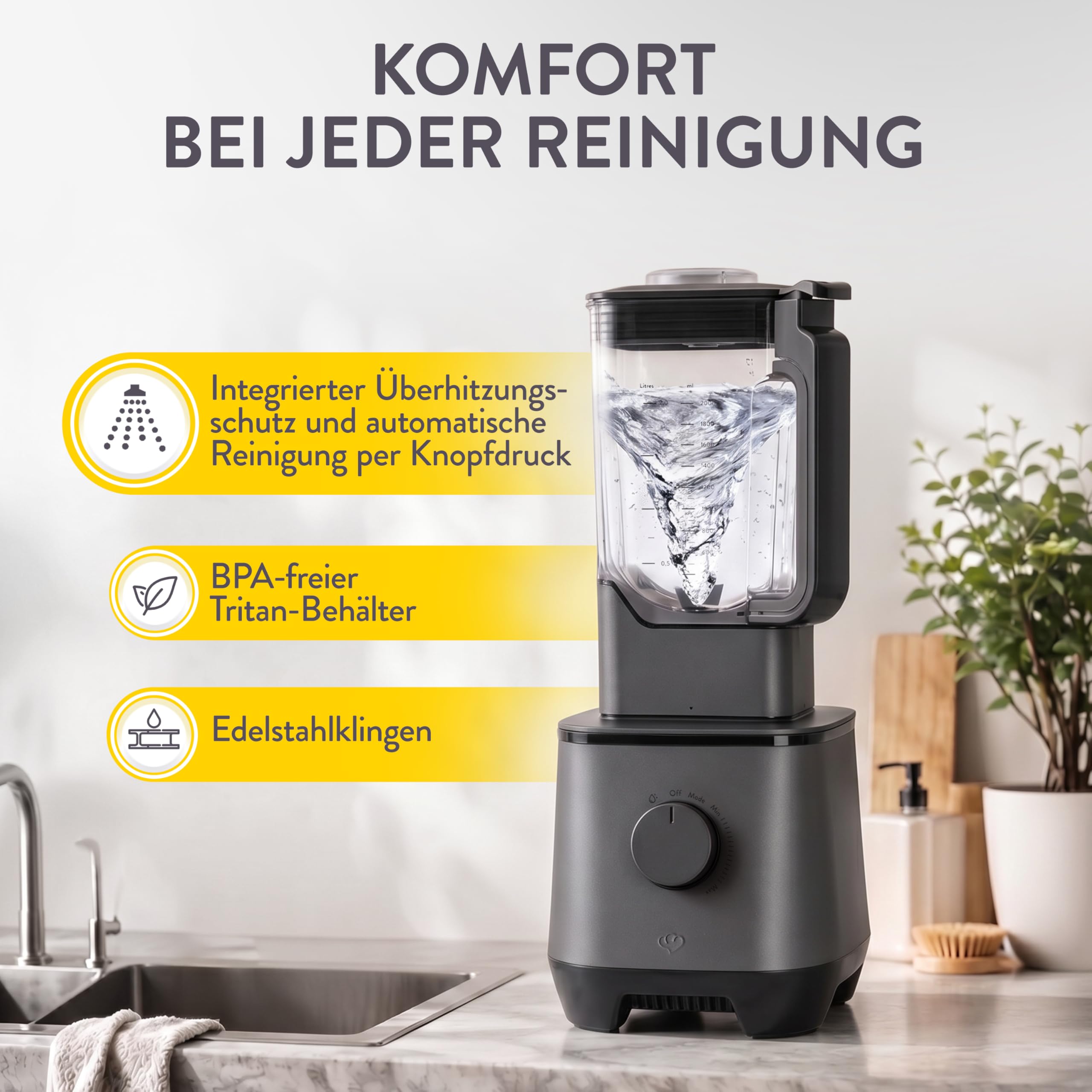 SPRINGLANE Hochleistungsmixer Hanno 2000 W, 32.000 U/min, 4 Programme, Selbstreinigungsfunktion, Standmixer mit 2,5 L Tritan-Behälter ohne BPA, inkl. Edelstahlmixbehälter & To-Go-Mixflasche