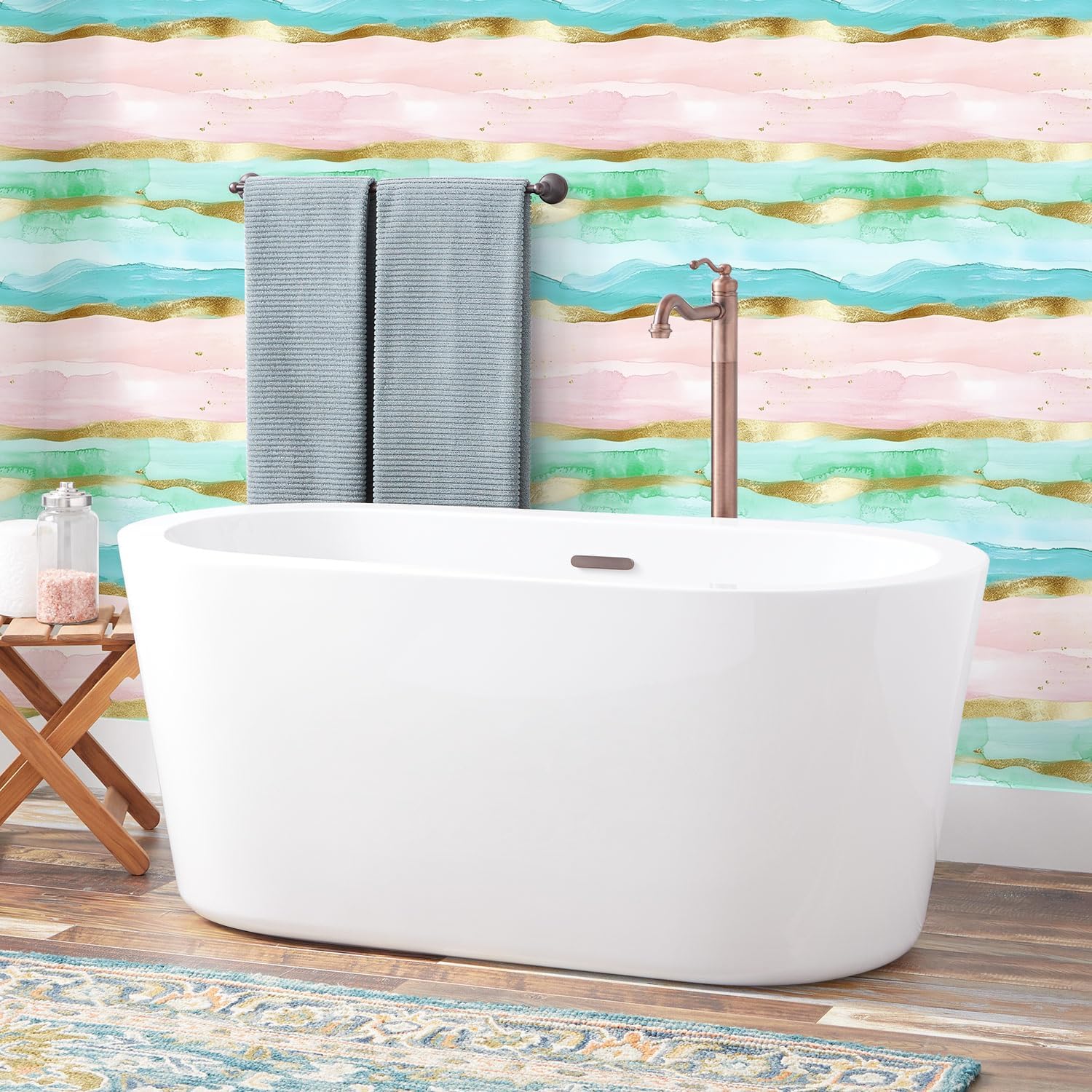 HAOKHOME Bathroom Wallpaper Peel and Stick Coastal Wave Beach Stripe Wall Paper Pink/Blue/Gold Removable Contact Paper 17.3in x 9.8ft