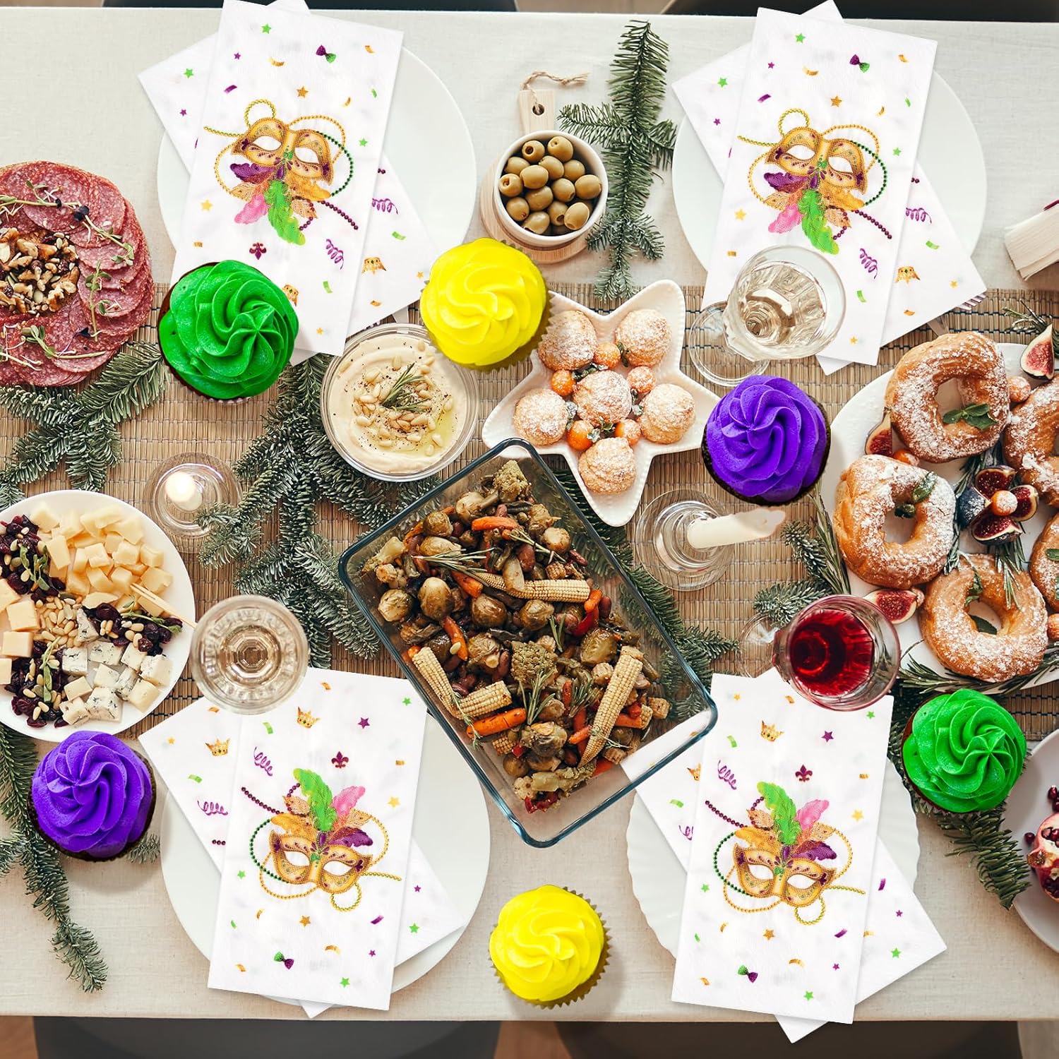 Ragnhild 200 Pcs Mardi Gras Mask Paper Napkins Party Decorations, Masquerade Guest Bathroom Napkins Disposable, Mardi Gras Rectangle Cocktail Napkin for Carnival Party Supplies, 4.3"x7.9"