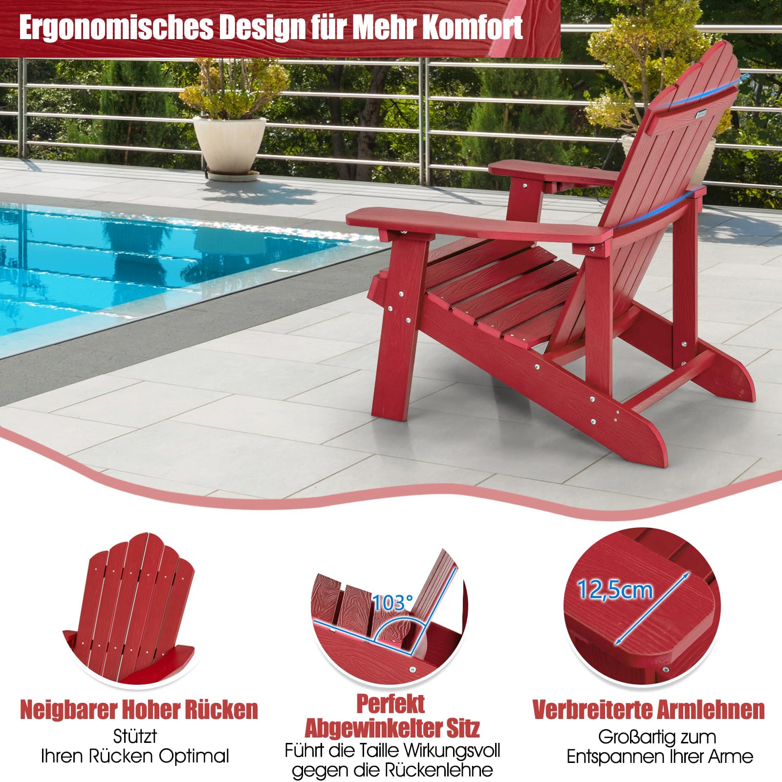 COSTWAY Adirondack Stuhl mit Getränkehalter, wetterfester Gartenstuhl, Gartensessel aus Kunststoff, Outdoor-Stuhl für Garten, Terrasse, 170 kg Tragfähigkeit (Rot)
