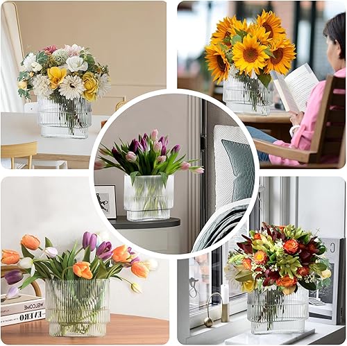 Miniatura 6 de Jarrón alto de cristal transparente  Jarrón cilíndrico acanalado de boca ancha  7.1 pulgadas lindo y moderno centro de mesa redondo grande