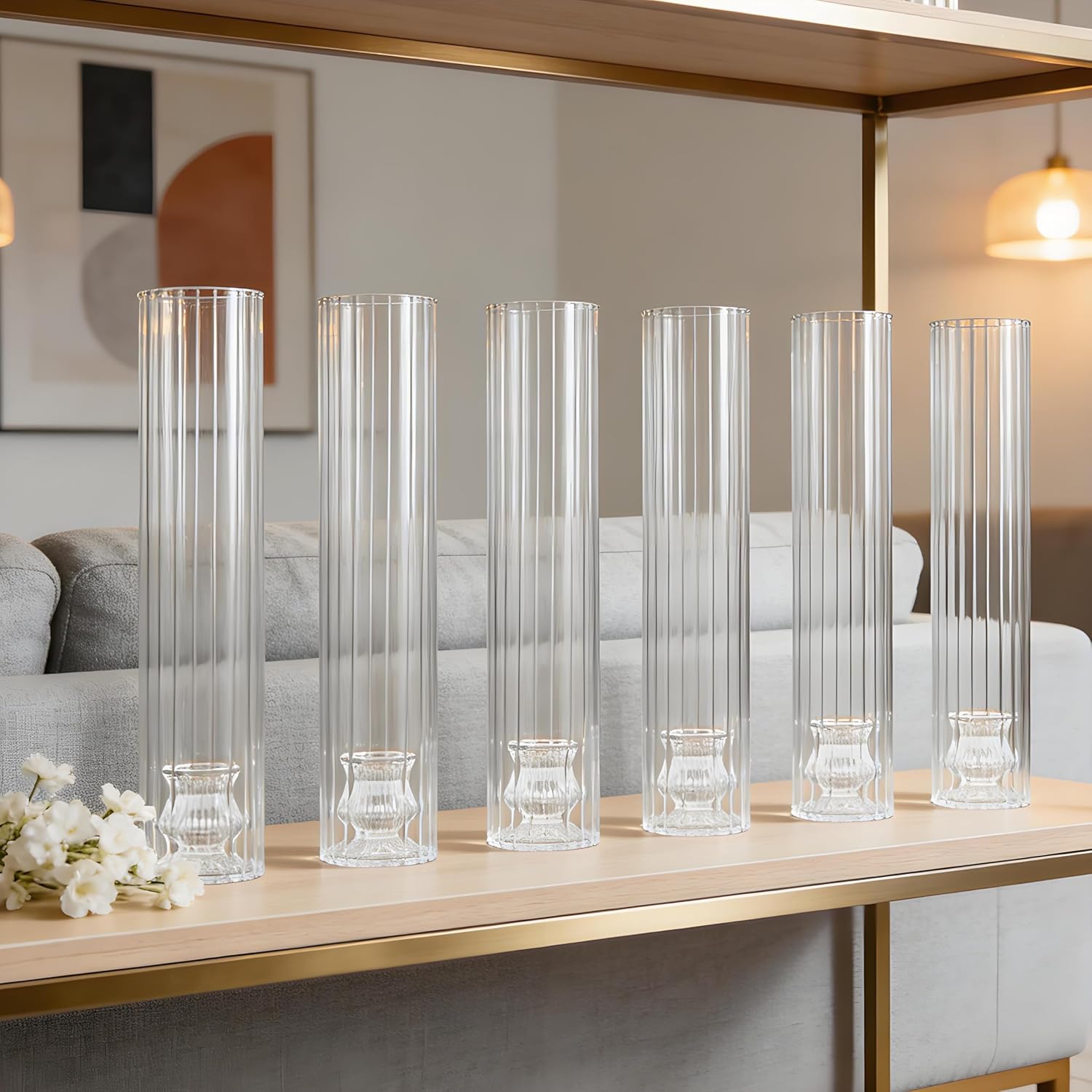 Hurricane Taper Candle Holders Set of 6,2.5" W x 14" H Glass Hurricane Candle Holders Glass Taper Candlestick Holders for Wedding, Christmas, Dining Table, Party & Home Decor