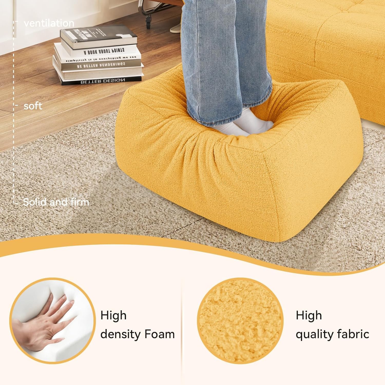 Bean Bag Chair with Ottoman, Comfy BeanBag Chairs for Adults,Giant Bean Bag Lounger with Memory Foam Filled,Teddy Lazy Sofa Reading Chair for Bedroom, Living Room,Dorm,Yellow