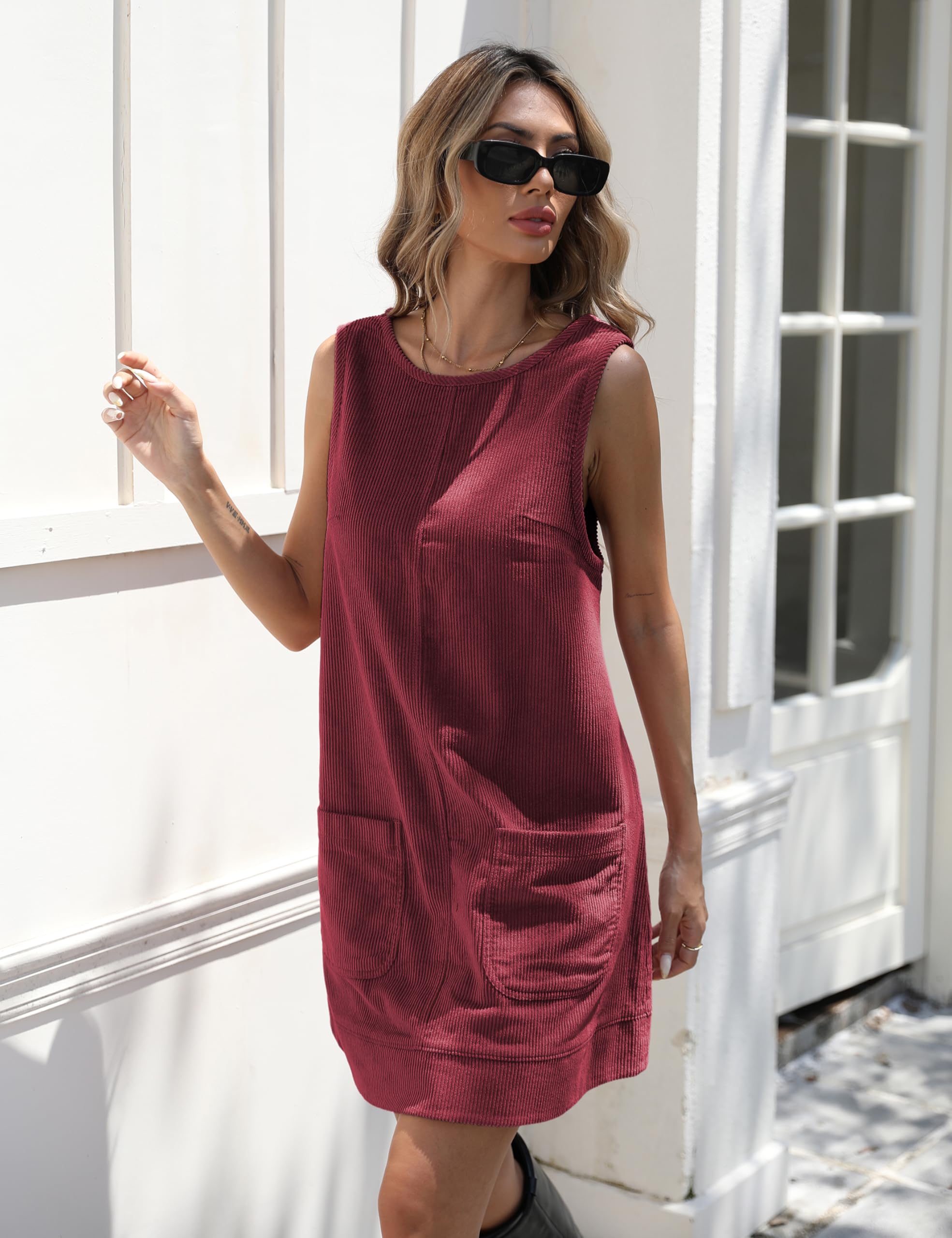 Hooever Women's Corduroy Overall Dress Round Neck A Line Skirtall Jumper Mini Dress Pinafore with Pockets: Winered Medium