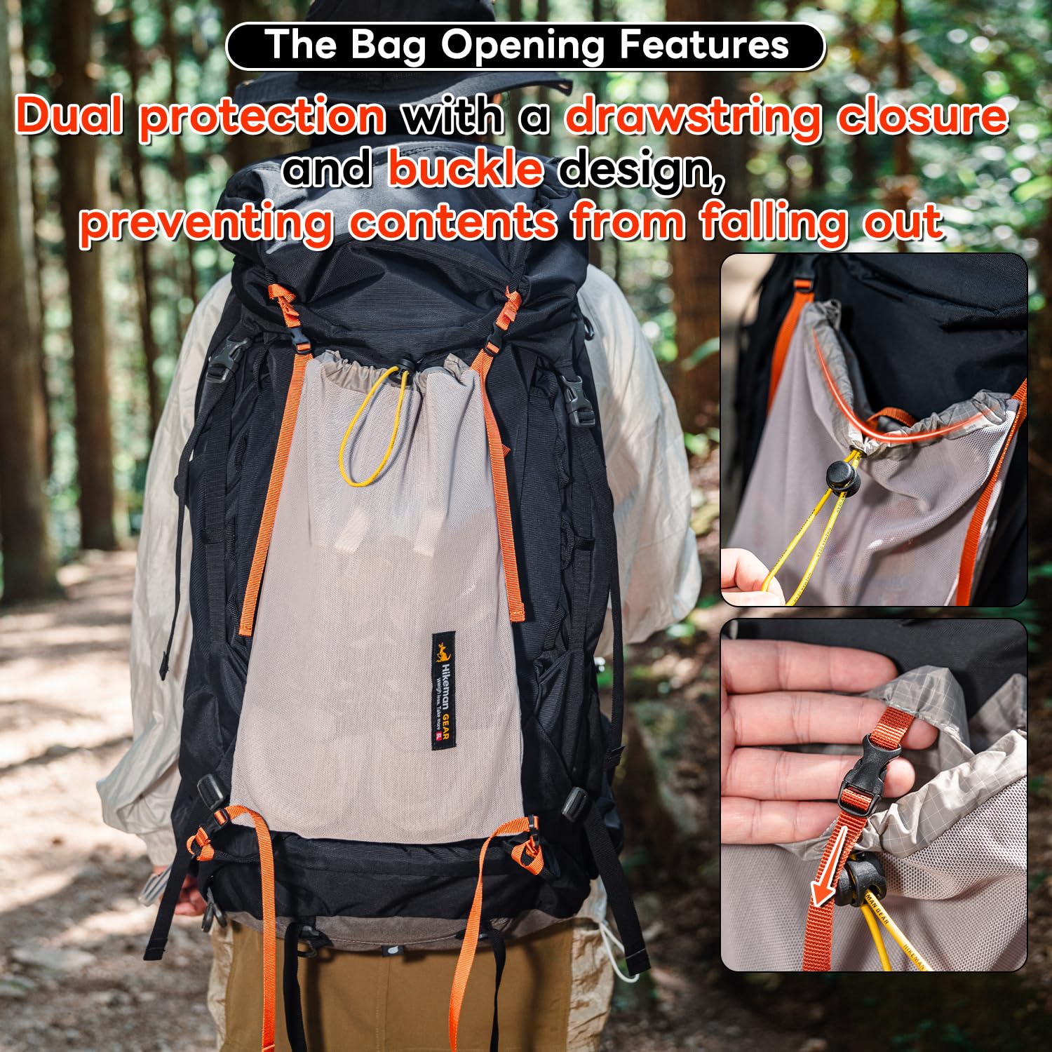 HIKEMAN Kängurutasche für Rucksack, leichte, atmungsaktive Vordertasche, elastische Netztasche, Platz für nasse Kleidung/Regenausrüstung