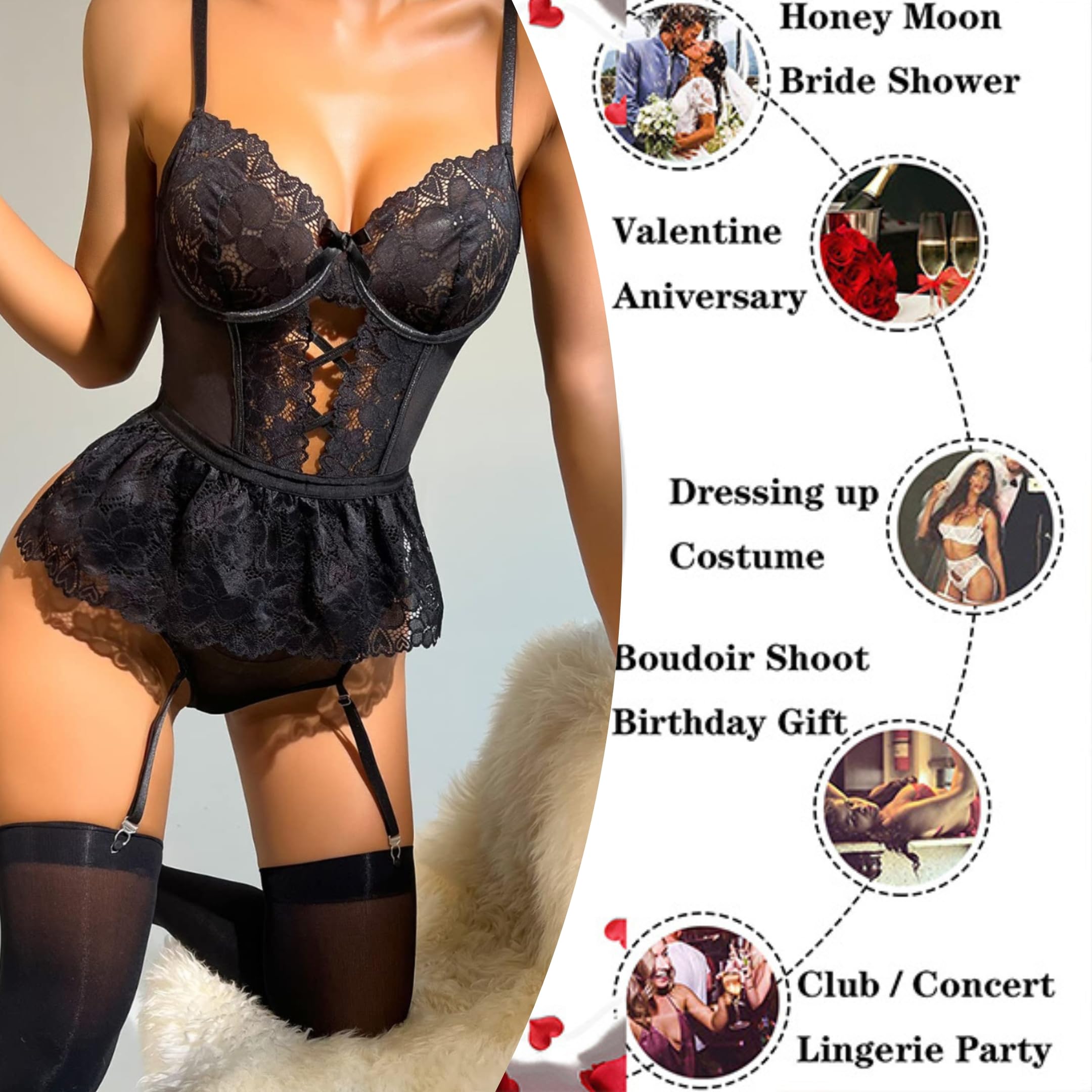 Set di Biancheria Intima con Giarrettiera e Calze, Body in Pizzo con Reggicalze Intimo Corsetto in Rete Trasparente Senza Schienale Biancheria da Notte Babydoll con Spalline Body a V Profondo