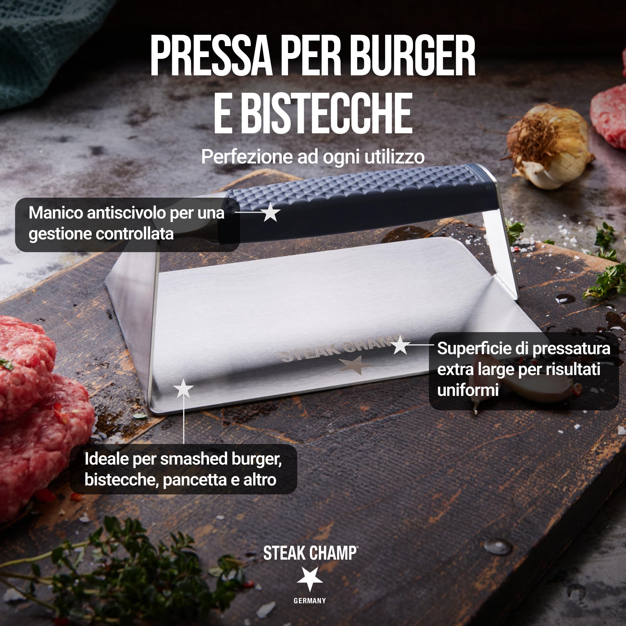 Steakchamp Burger & Steak Pressa XXL: Pressa per Grill e Hamburger per croste croccanti, Pesi per Sandwich e Carne, con Manico Antiscivolo