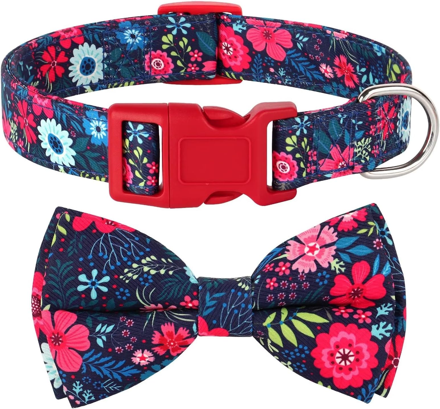 DidogFloral Dog Collar with Bow, Cute Girl Dog Collars with Detachable Bowtie, Soft & Comfy Spring Summer Dog Collar for Small Medium Large Dogs Gift Holiday, Red, M