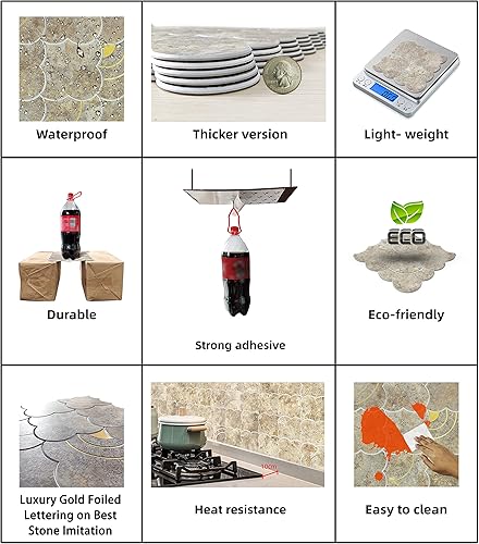Miniatura 7 de COLAMO Protector contra salpicaduras de lujo para despegar y pegar, mezcla de piedra sintética, azulejos adhesivos inteligentes dorados, para pegar