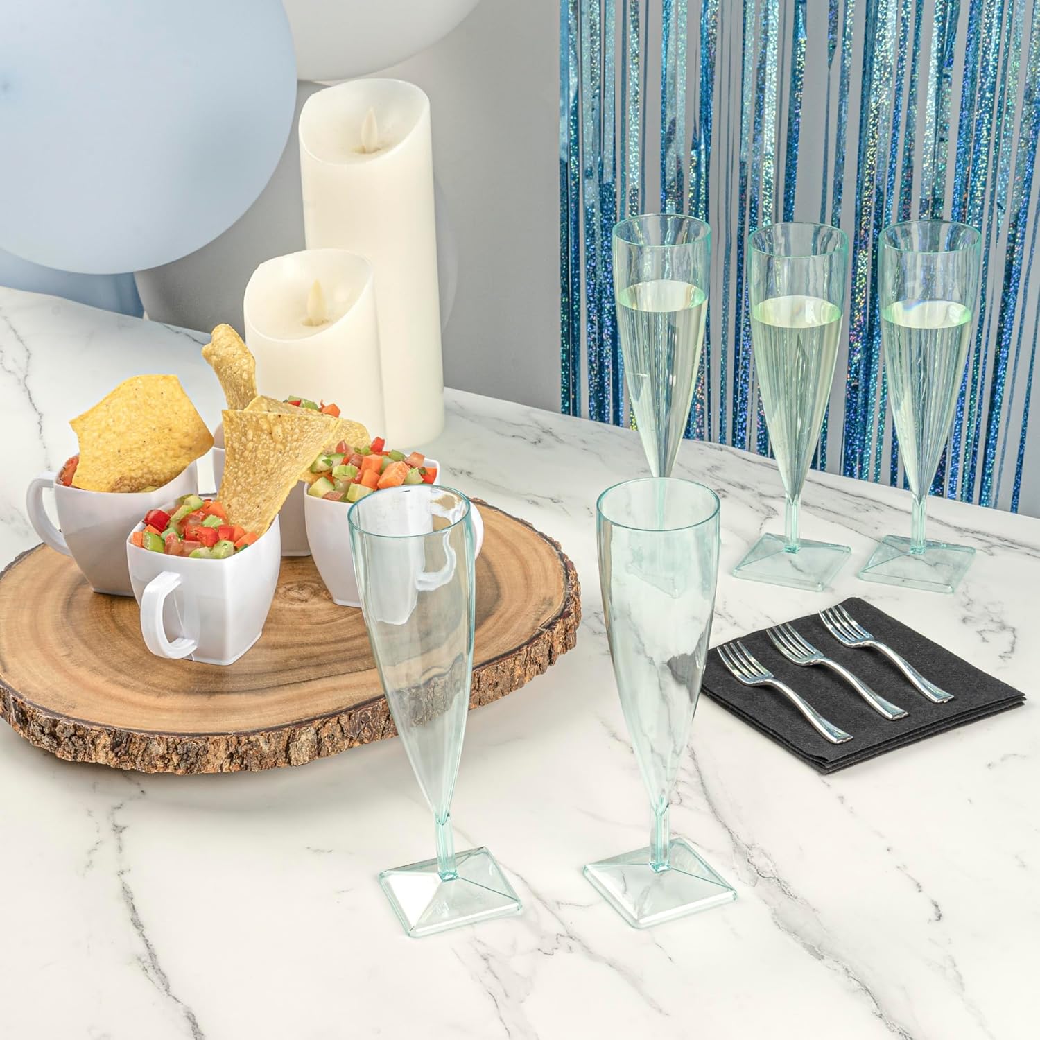 Restaurantware 5 Ounce Plastic Champagne Flutes 100 Tall Mimosa Glasses - Disposable Unique Design Seagreen Plastic Disposable Champagne Glasses For Parties Weddings Fill Beverages Cocktails