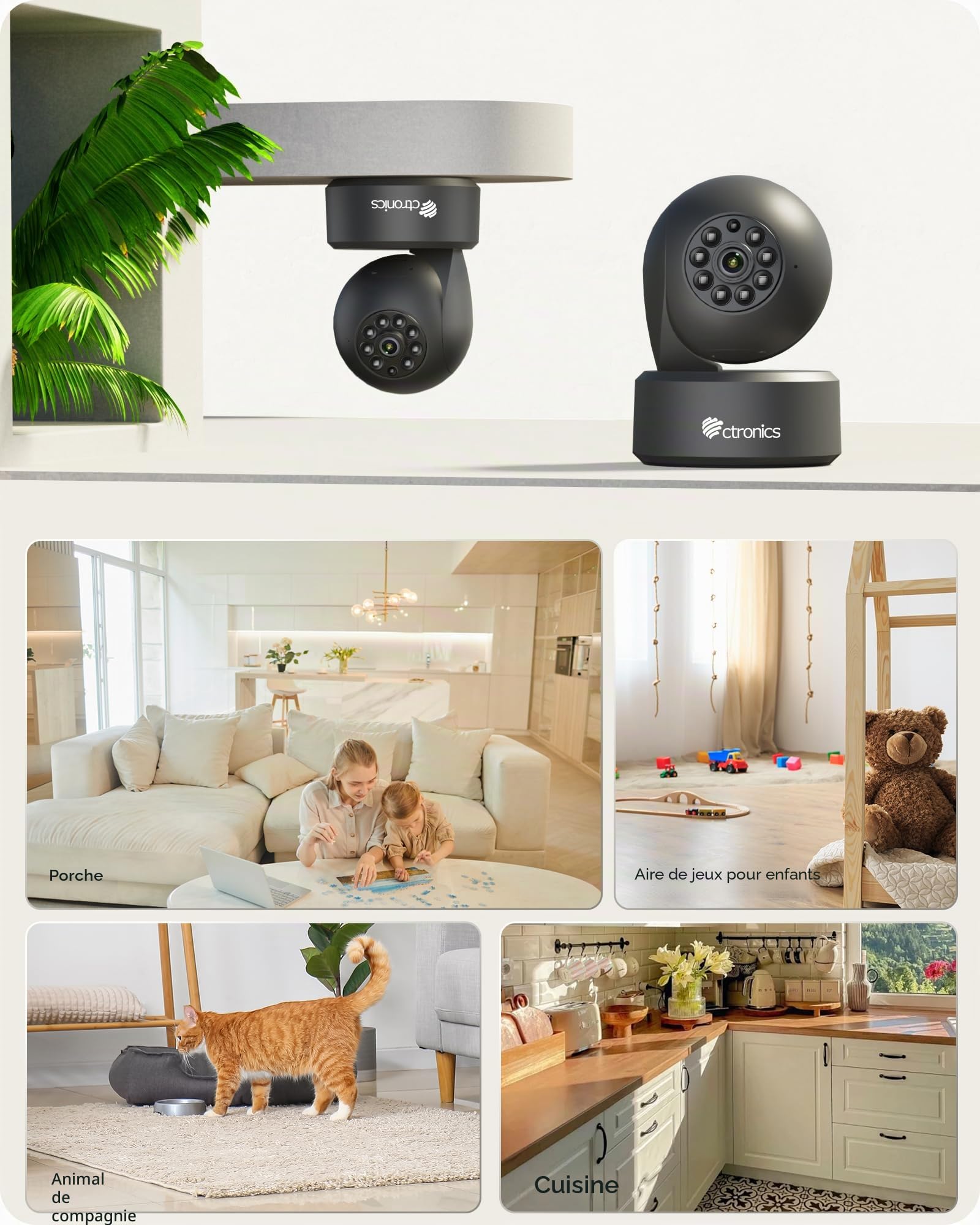 Ctronics 4K Caméra Surveillance WiFi Intérieure, Suivi Auto, Détection AI Humain/Animal, WiFi 2.4/5GHz, Cloud & 256Go TF, FTP/NVR/NAS, Vision Nocturne, 24/7, Smartphone & PC PTZ, 355° Pan/120° Tilt