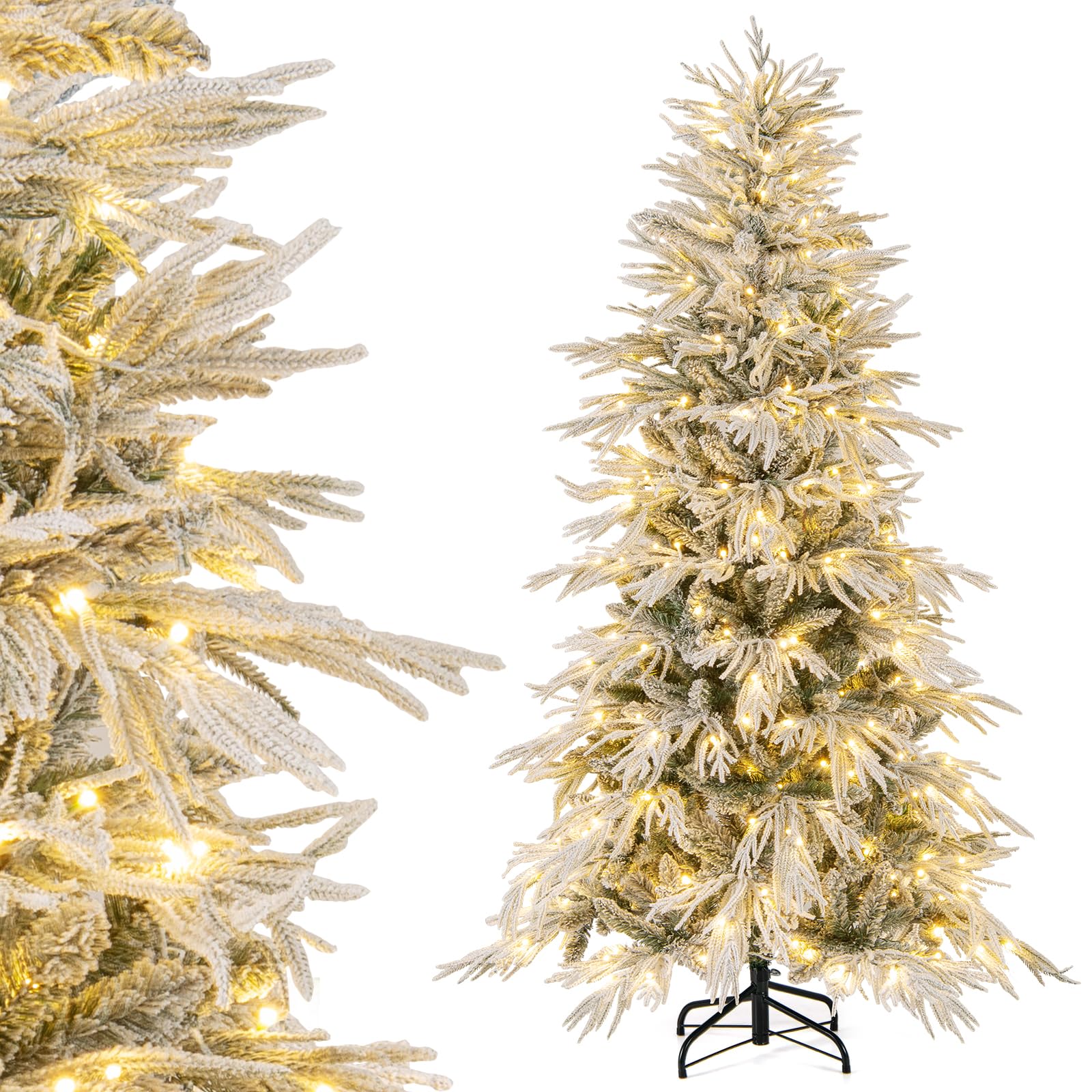 COSTWAY Sapin de Noël Artificiel 180cm avec 594 Branches & 250 Lumières LED Blanc Chaud, Arbre de Noël avec Base en Fer, Décoration pour Maison Bureau Magasins