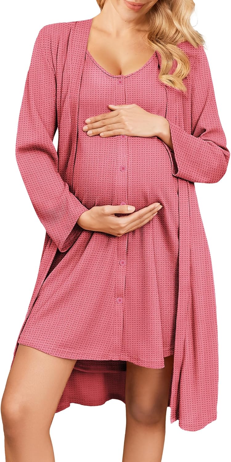 Ekouaer Maternity Nursing Gown and Robe Set 2 Piece Waffle Breastfeeding Nightgown 3 in 1 Labor and Delivery Hospital Gown