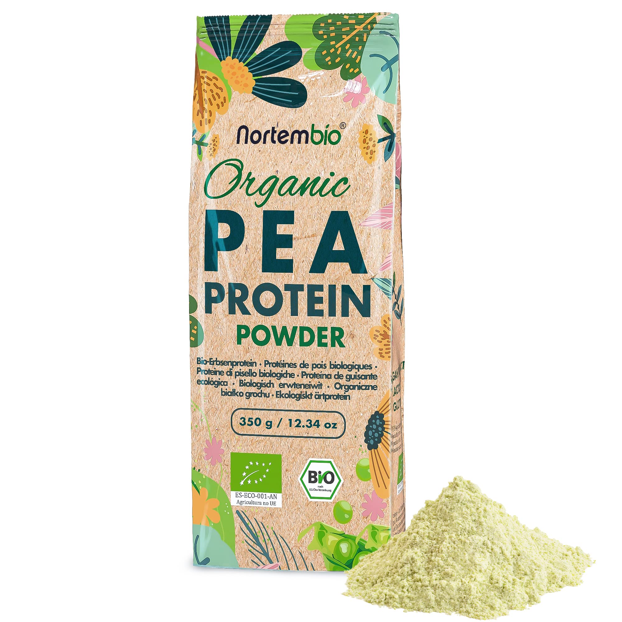 Nortembio Proteina di Piselli ISO 350 g Biologica. Senza Sapore. Origine 100% Naturale. Proteina Isolata per Vegani. Isolato Proteico di Piselli. In Polvere. Senza Zuccheri, OGM, Glutine.