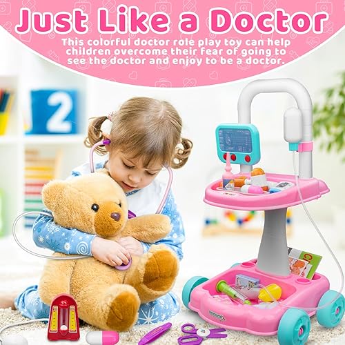 Miniatura 6 de Aowjoy Kit de médico de juguete para niños, 26 piezas de estación médica de simulación con carrito móvil, juego médico para niños y niñas, kit