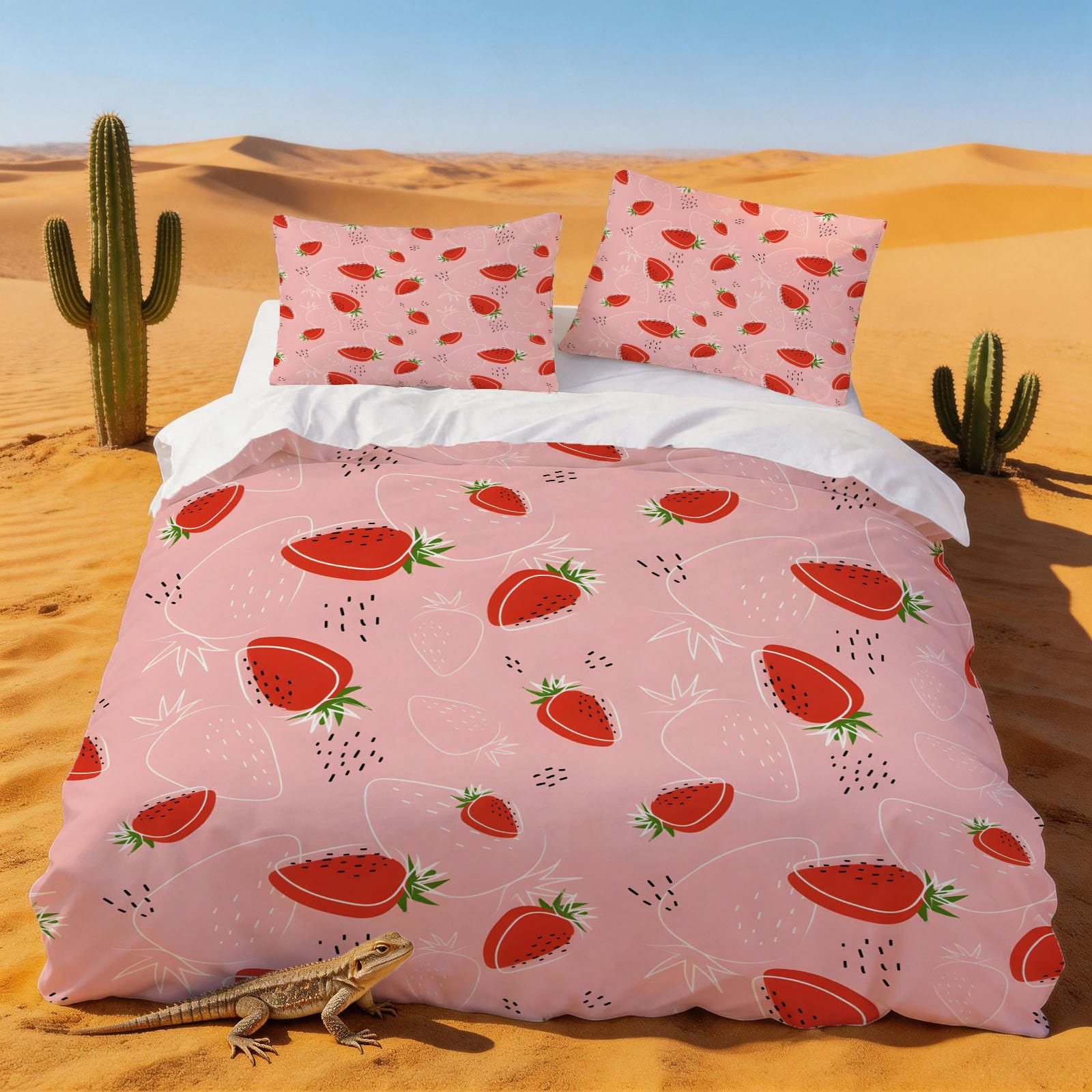 Housse de couette 140x200 fraise rouge avec sa taie d'oreiller pour lit 1 personne
