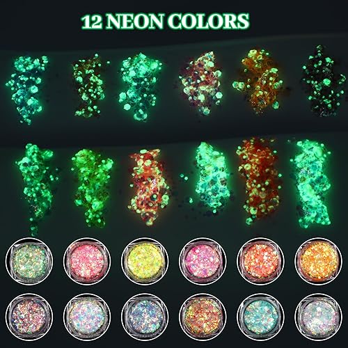 Miniatura 4 de YASUOA Gel de purpurina que brilla en la oscuridad, 12 colores neón para cara y cuerpo, purpurina negra para cara, cuerpo, cabello, maquillaje, arte