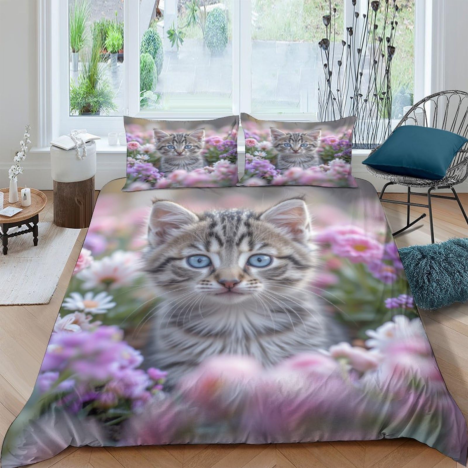 GPLZQXKJNH 3D Printed Cute Kitten Duvet Cover Microfiber Soft Breathable Floral Bedding Set with 2 Pillowcases, Bedroom Decor Single（135x200cm）