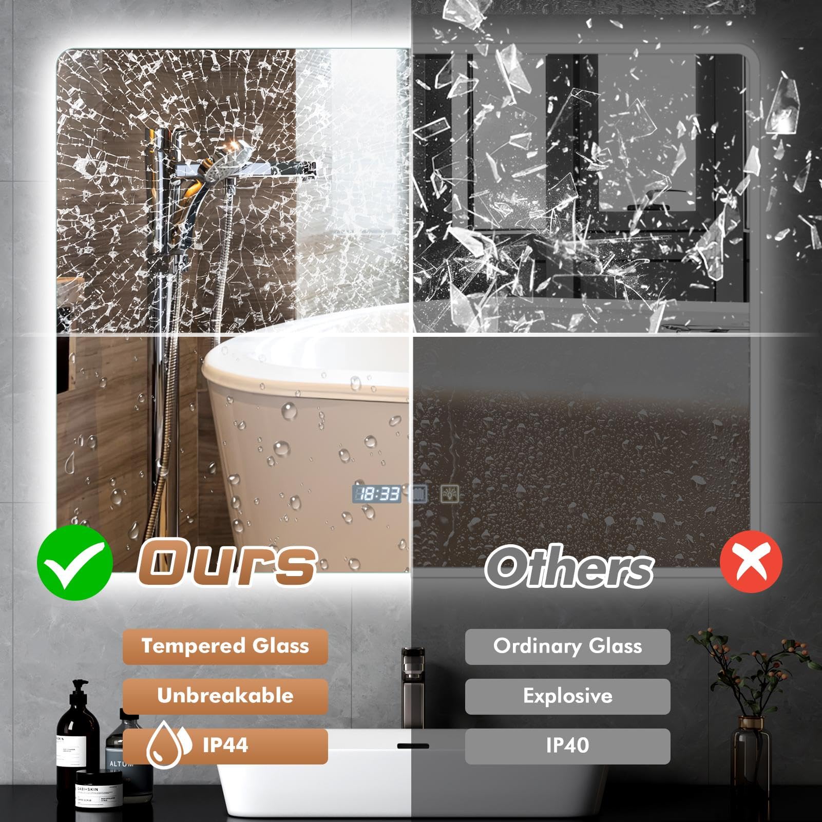 Viugreum Espejo Baño con Luz LED Regulable en 3 Colores, Cuadrado 80 * 60cm Luz de Baño Espejo de Pared con Interruptor Táctil, Función Antivaho, Ajuste de Brillo, Espejos LED Retroiluminado