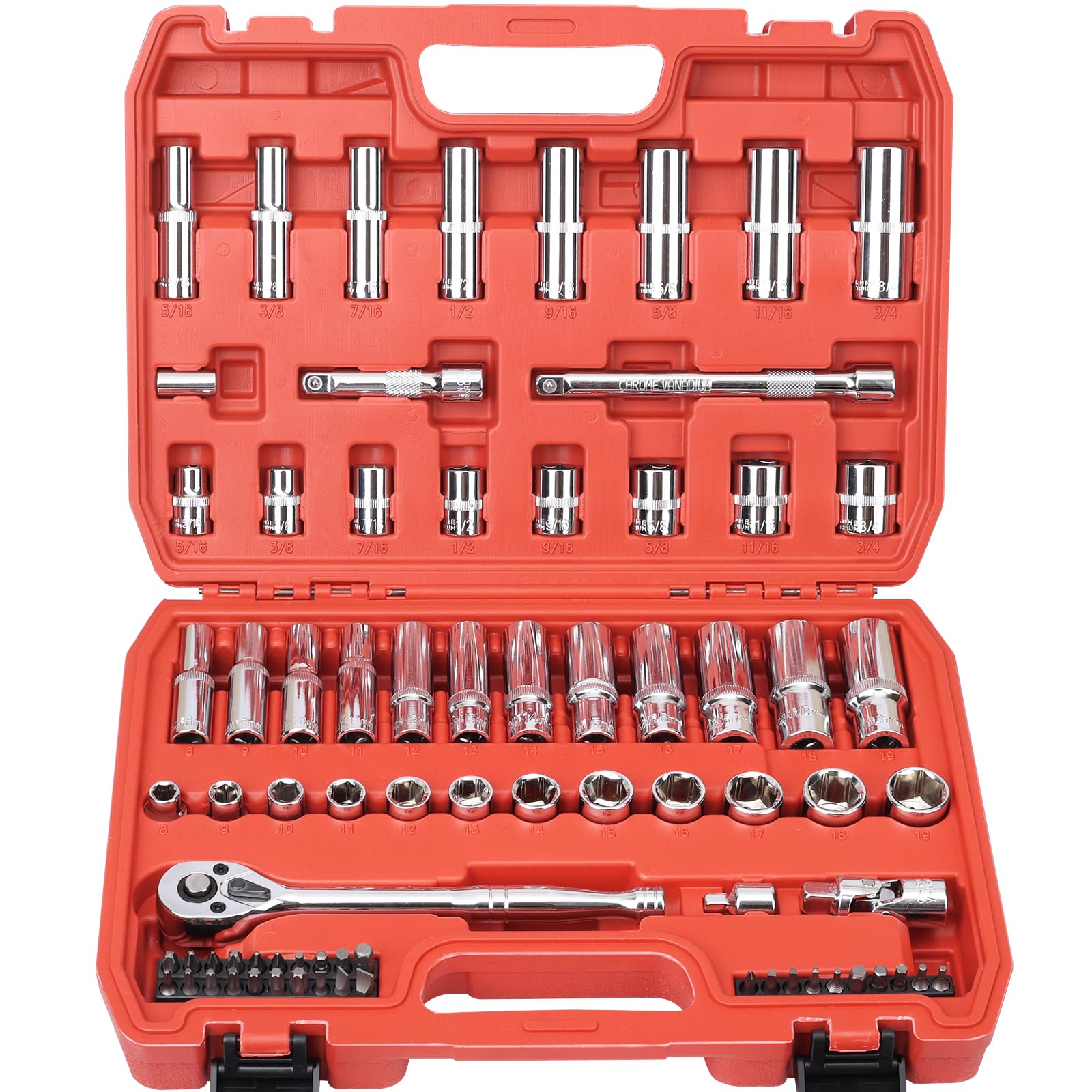 3/8” Drive Socket Set, 76 Pieces Ratchet Wrenches Set, Standard and Deep Metric (8 to 19mm)/SAE (5/16 to 3/4 inch) Size, with 72-Tooth Ratchet for