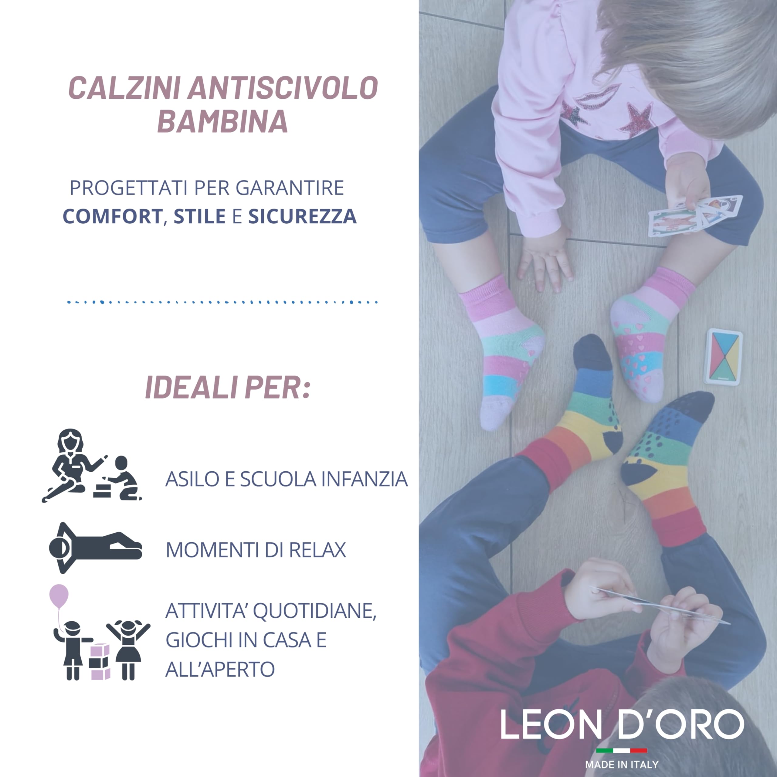 LEON D'ORO Calcetines de niña antideslizantes de algodón para niña, ABS, escuela, casa, hinchables, fabricados en Italia