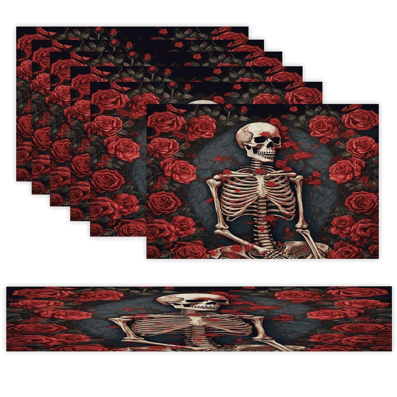 Skeleton with Roses Table Runner and Placemats Set of 6 for Kitchen Washable Table Mats Heat Resistant Place Mats Non-Slip Place Mat Wipeable Placemat(6 Placemats+1 Table Runner)