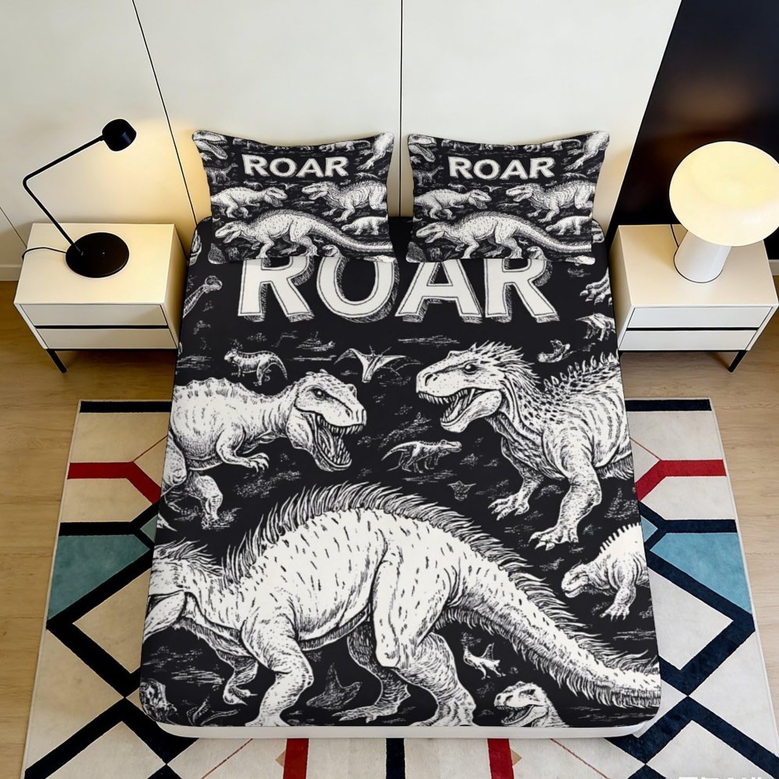 3D Printed Dinosaur Fossil Fitted Sheet Microfiber Black Roar Bed Cover for Bedroom Guest Room Mattress Protection Decor 90x200x25cm