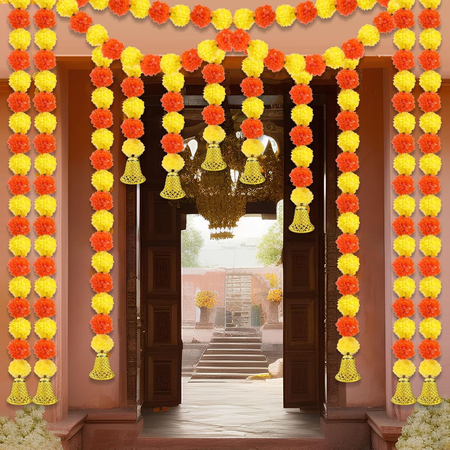 10 Pcs Marigold Garland for Decoration Varalakshmi Pooja Decoration Items Indian Diwali 5 Feet Long Artificial Marigold Flowers for Pooj Dia De Los Muertos Day of The Dead