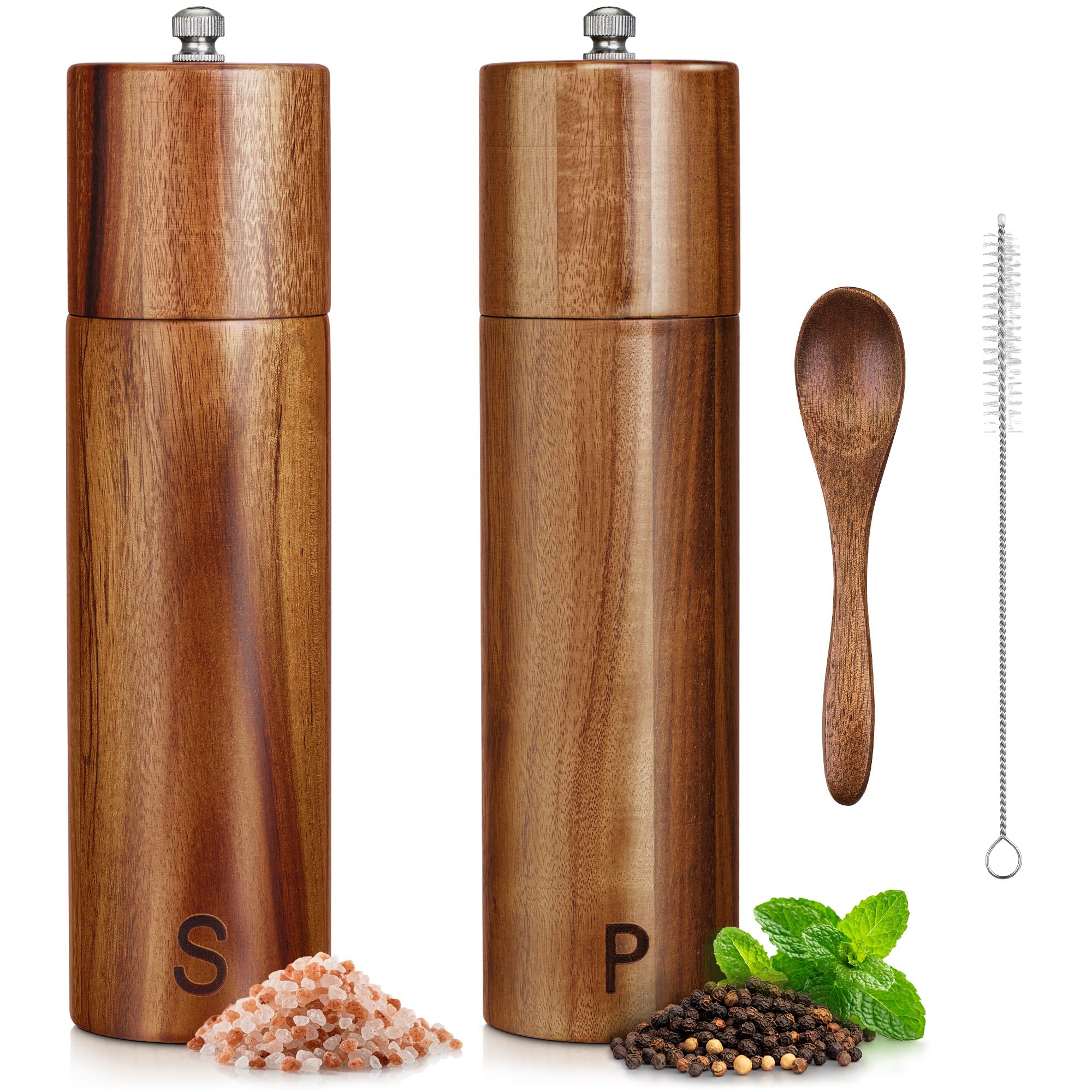 Tall Wooden Salt and Pepper Grinder Set - 28 g / 1 oz Each, Acacia Wood Mills - Refillable Coarse Grain Salt and Peppercorn Manual Twist Grinders - Modern or Rustic Home Table - by PJC-Kitchen
