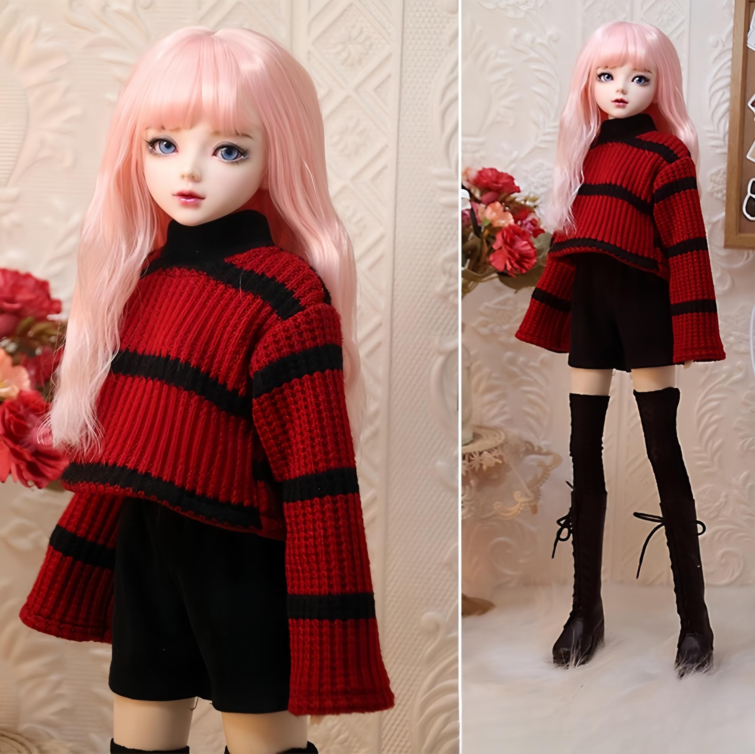 AMITD Bjd Doll Clothes, Ball Jointed Doll Clothes, Handmade, Sweater, for 1/3 1/4 bjd Doll (Red (Clothes and Pants), 1/3)