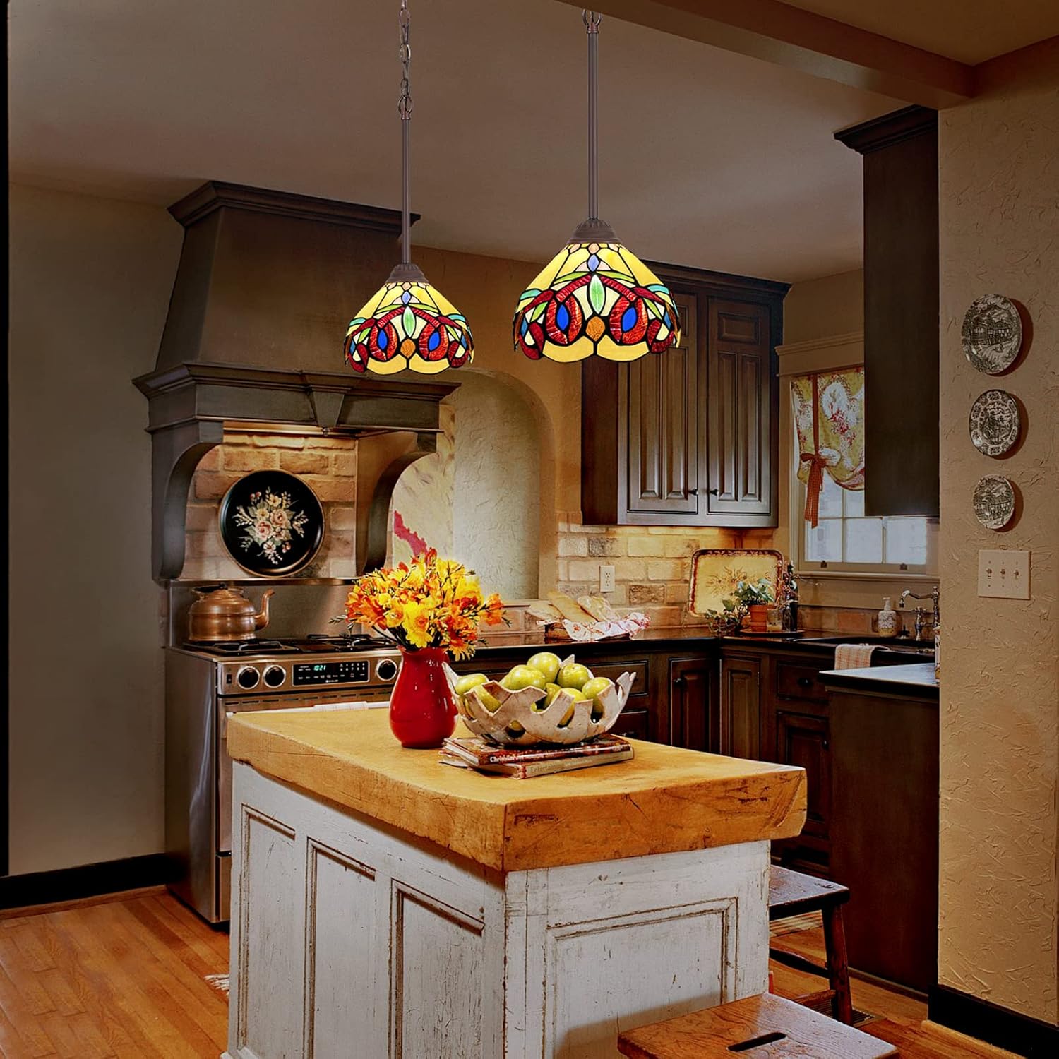 Capulina Tiffany Lamp Stained Glass Pendant Lights Mini 8 Inches Wide Cream Brown Victorian Tiffany Style Hanging Lamp for Kitchen Island Dining Room Bar Hallway Home Office