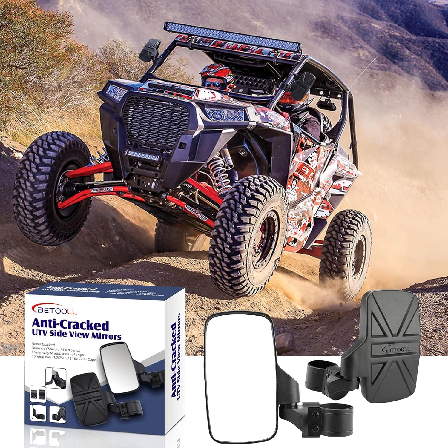 BETOOLL Upgraded Adjustable Pair UTV Side Mirror Set 1.75 or 2inch Roll Bar Cage, Universal UTV Side View Mirrors High Impact(Pack of 2) - Image 6