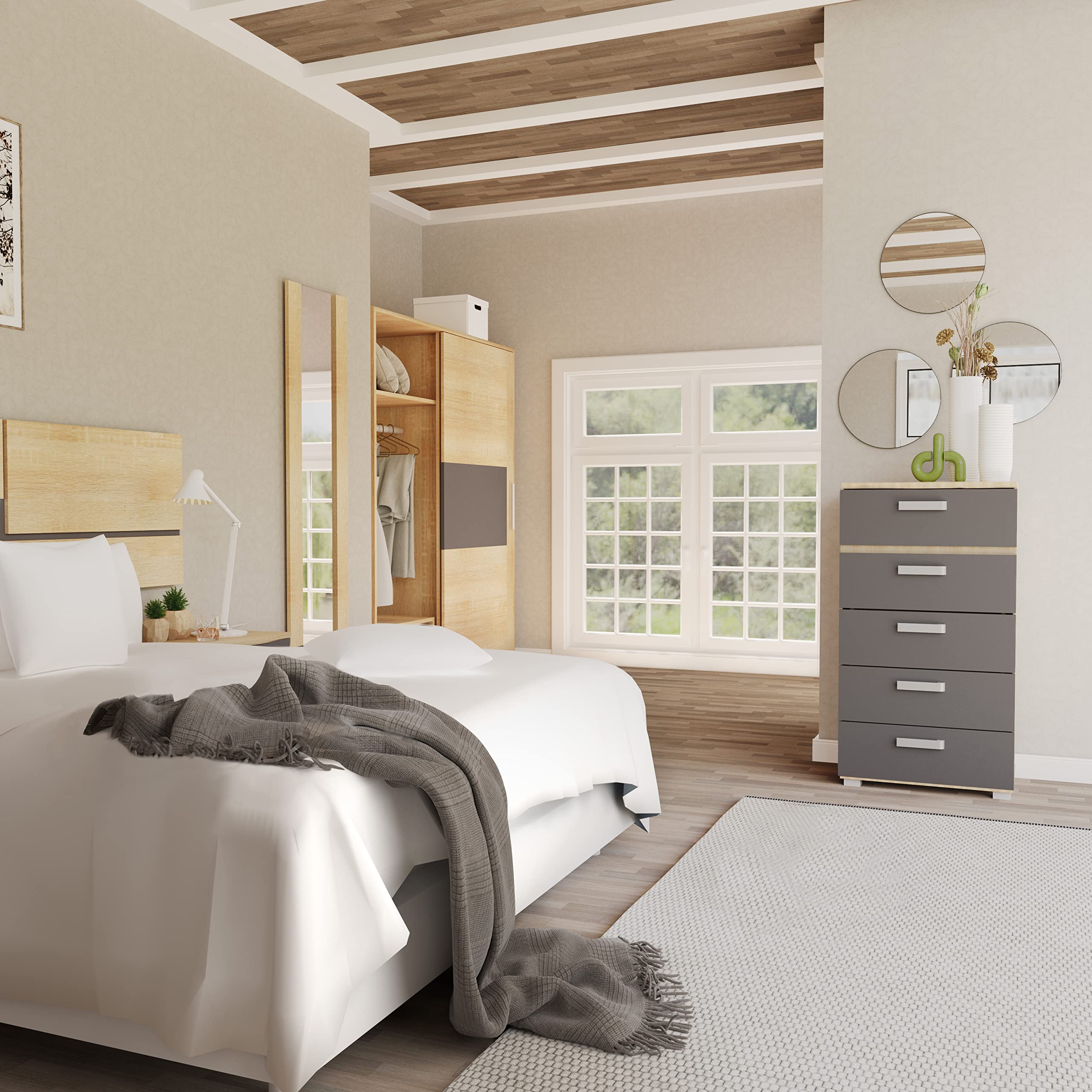 duehome | Sinfonier 5 Cajones, Cómoda, Almacenaje Dormitorio, Modelo Ataneq, Acabado en Cambria y Grafito, Medidas: 60 cm (Largo) x 109,4 cm (Alto) x 39,6 cm de (Fondo)