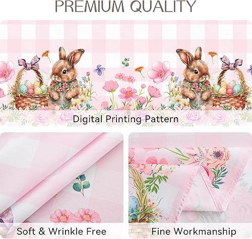 Miniatura 3 de Romanstile Mantel rectangular de primavera de Pascua, diseño a cuadros, diseño de conejo y huevos de búfalo, resistente a las manchas, para cenas,