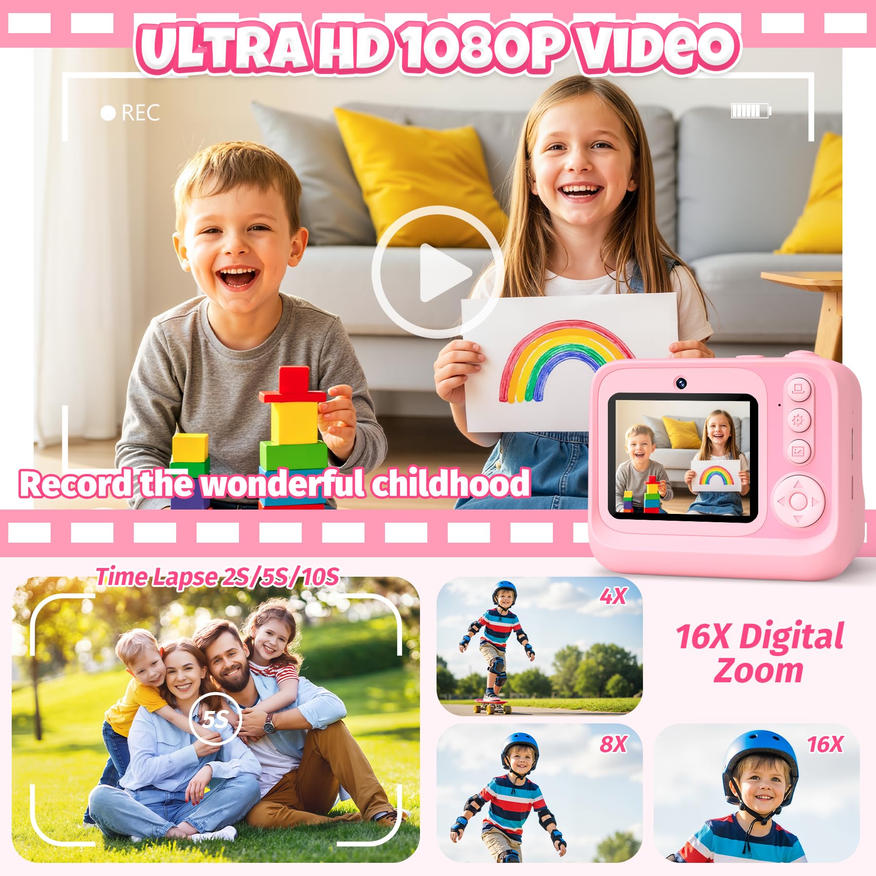 Appareil Photo Instantané Enfants, 2.4" Écran Selfie Appareil Photo instantané Enfant avec Carte de 32GB & 3 Rouleaux de Papier d'impression, Jouet Cadeau Noël Fille Garcon 3 à 12 Ans(Rose)