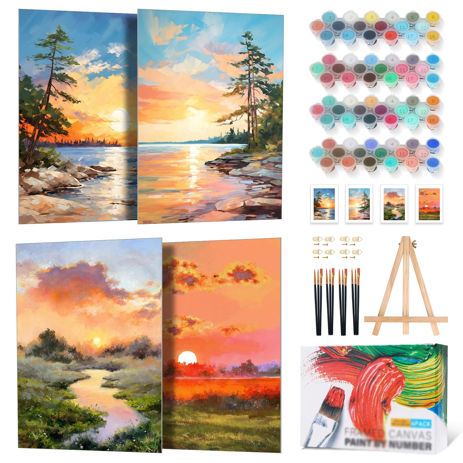 Pack of 4 Sunset Paint by Numbers Adults with Frame 20 x 30 cm, Landscape Painting by Numbers for Adults with Wooden Easel, DIY Paint by Numbers Adult for Home Wall Decor Gift
