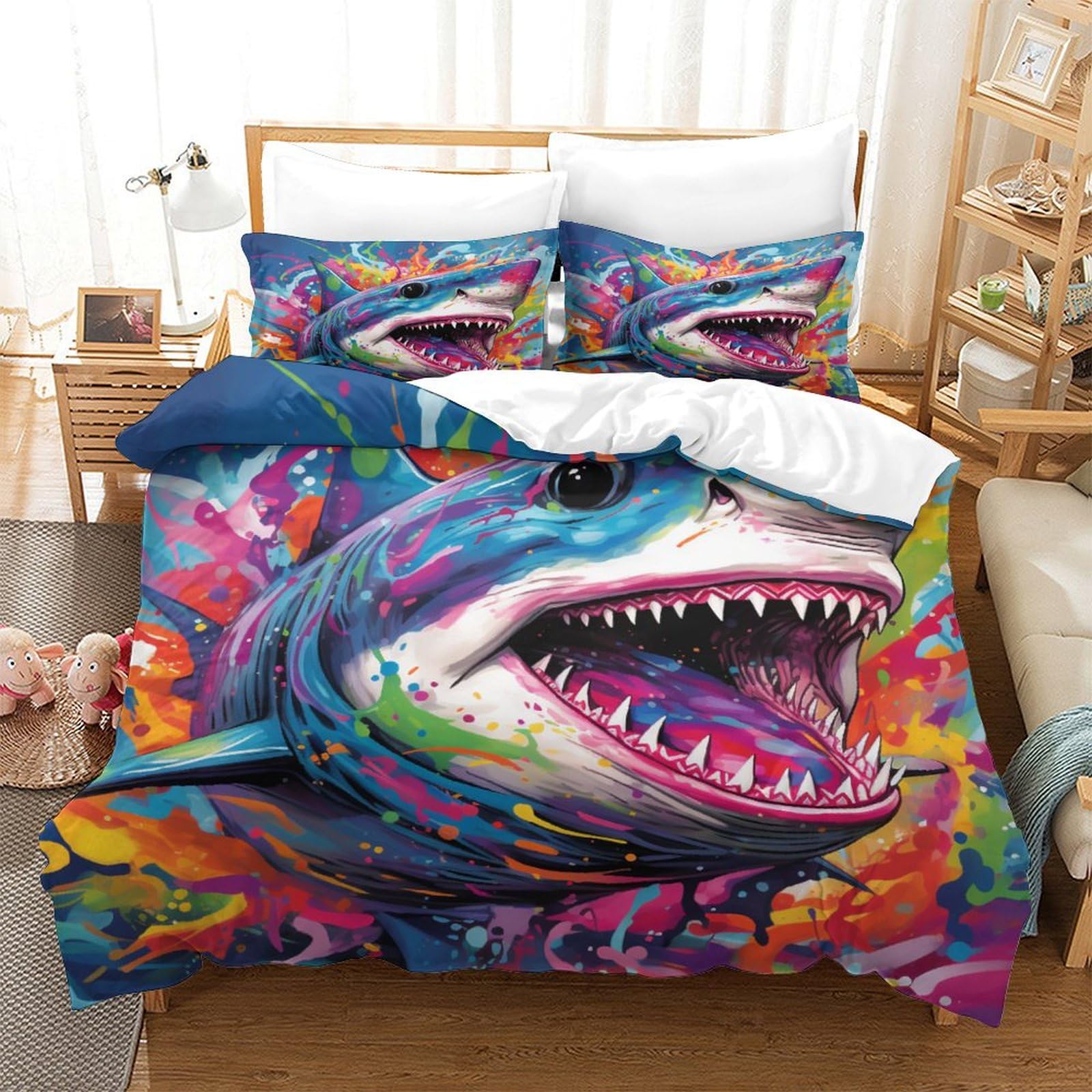 Housse de couette requin 3D lit 2 personnes parure de lit microfibre 260x220cm