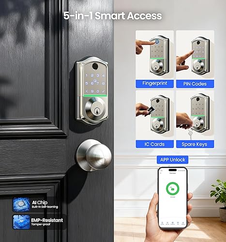 Miniatura 3 de Veise VE017-K - Cerradura inteligente de huellas dactilares con 2 perillas, control de aplicación, cerradura de puerta delantera de entrada sin